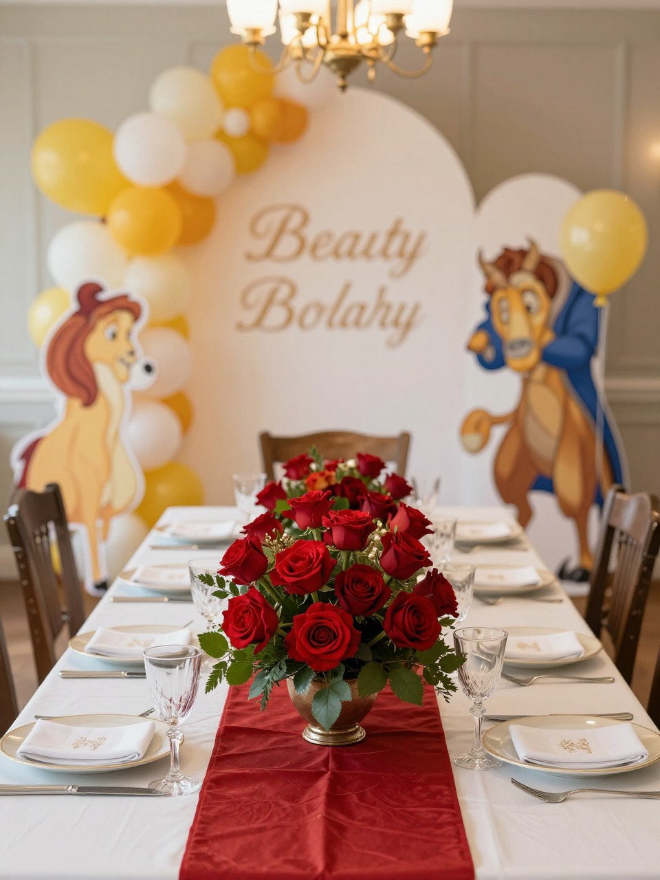 A decorated table with red roses centerpiece and baby shower decorations inspired by Beauty and the Beast.