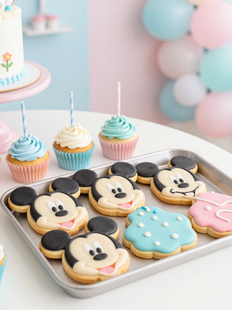 A platter of Mickey Mouse-shaped sugar cookies and colorful cupcake toppers surrounded by pastel baby shower decorations.