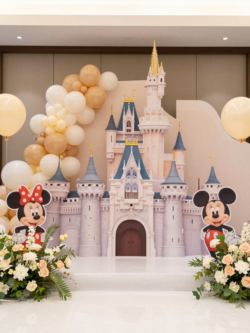 A Disney-themed baby shower setup with a castle backdrop and festive decorations including balloons and flowers.