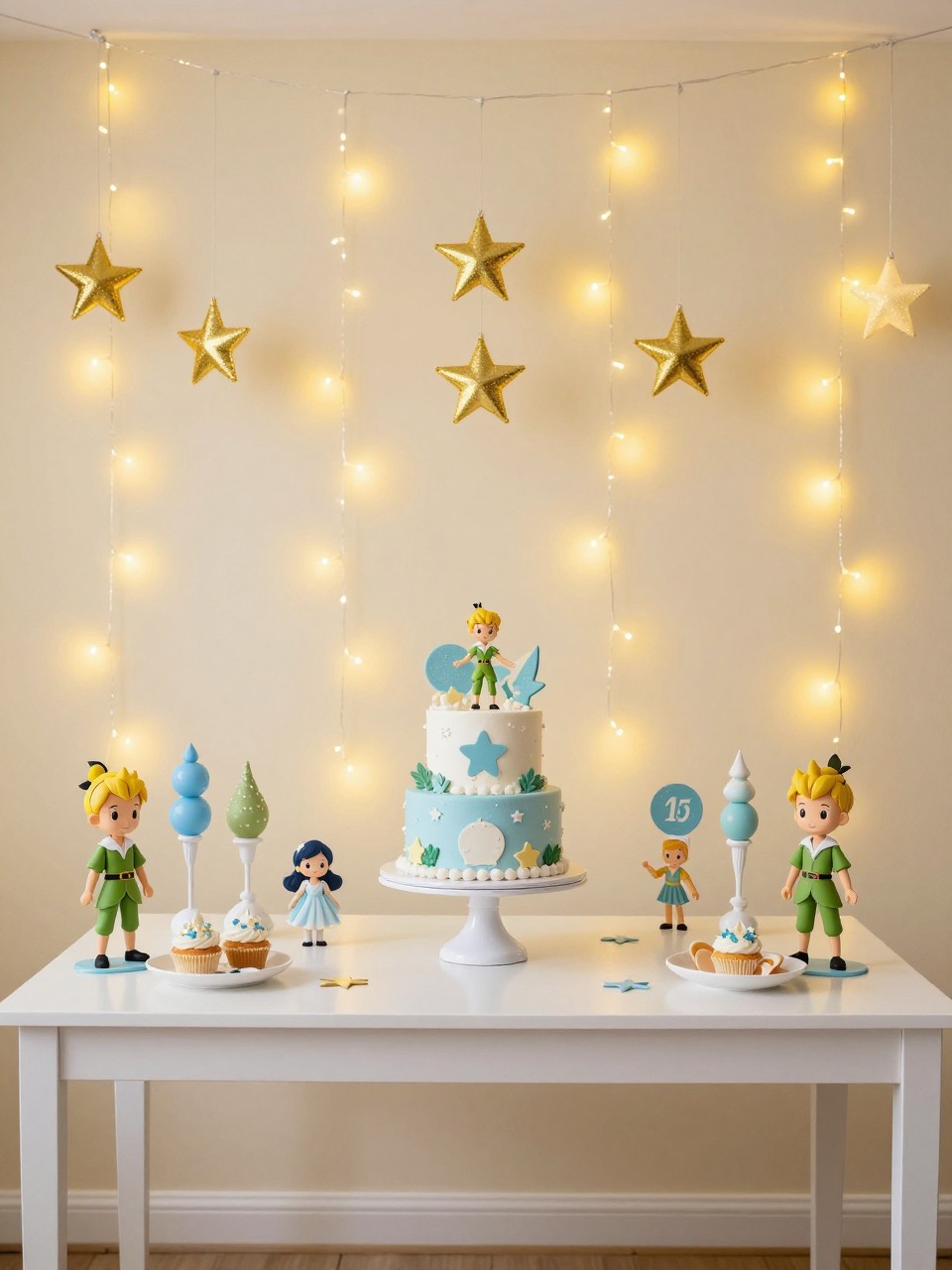 A decorated baby shower room with Peter Pan themed decorations, including fairy lights, star ornaments, a themed cake, and character figurines on a table.