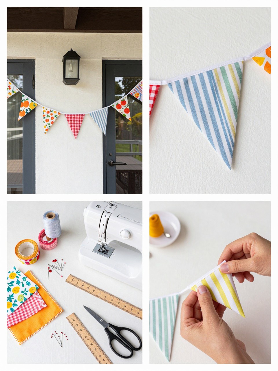 A realistic editorial 2x2 collage grid showing handmade summer fabric bunting garland, top-left finished garland with triangle flags in fruit, floral, gingham, and stripe fabrics hanging across a patio wall, top-right close-up of flag seams and bias tape, bottom-left flat lay of fabric scraps, bias tape, sewing machine, pins, scissors, ruler, and thread, bottom-right cropped hands sewing triangle flags into bias tape, cheerful summer party sewing setup, no faces, no text, no watermark on images.