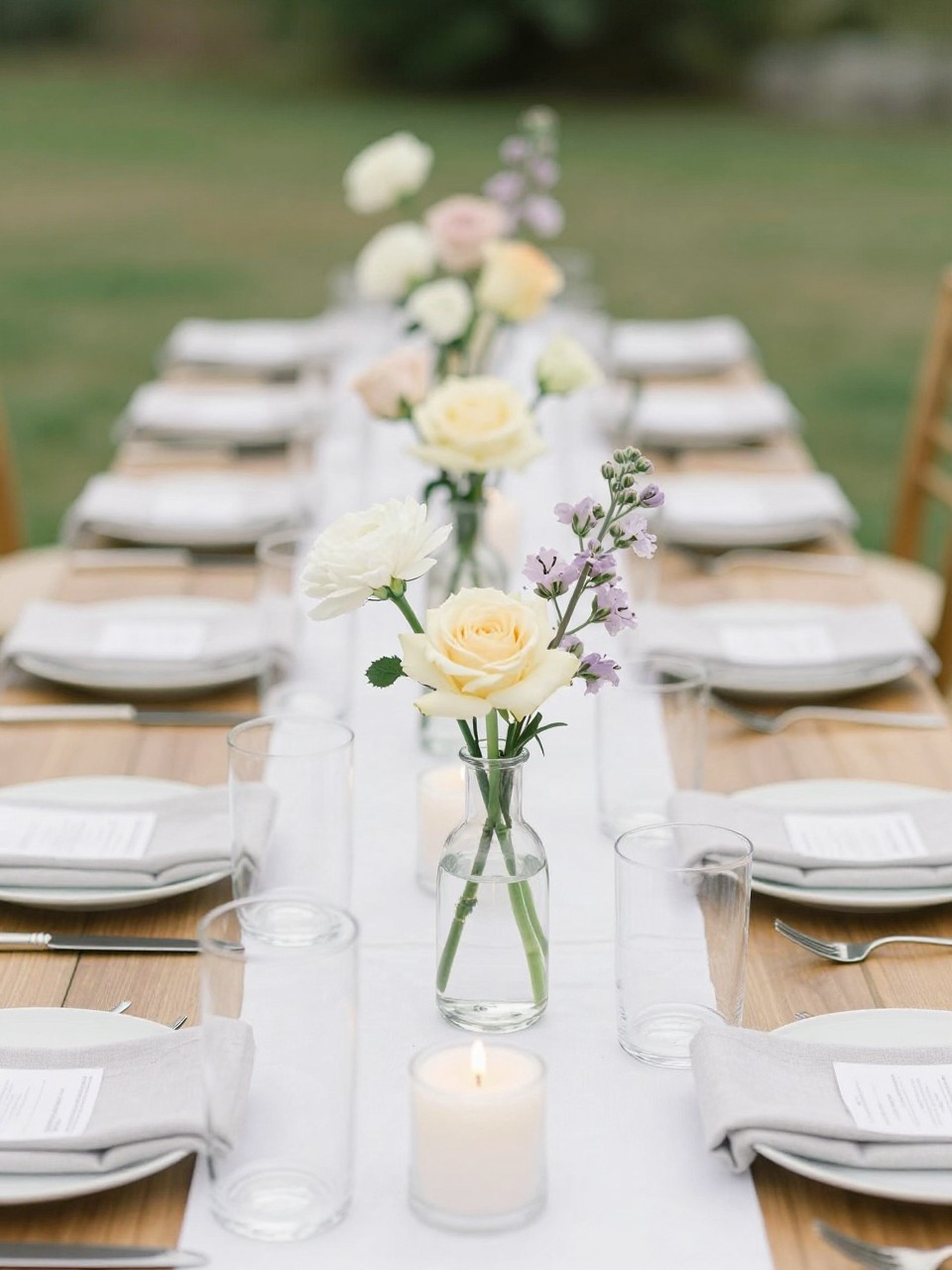 A clean outdoor wedding picnic table decorated with a neat row of mini clear glass bud vases, each holding one or two flower stems in white, blush, pale yellow, and soft lavender. Add linen napkins, white plates, clear glasses, and simple candles. No visible faces, no text, no watermark, realistic editorial wedding photography, (no watermarks on images)