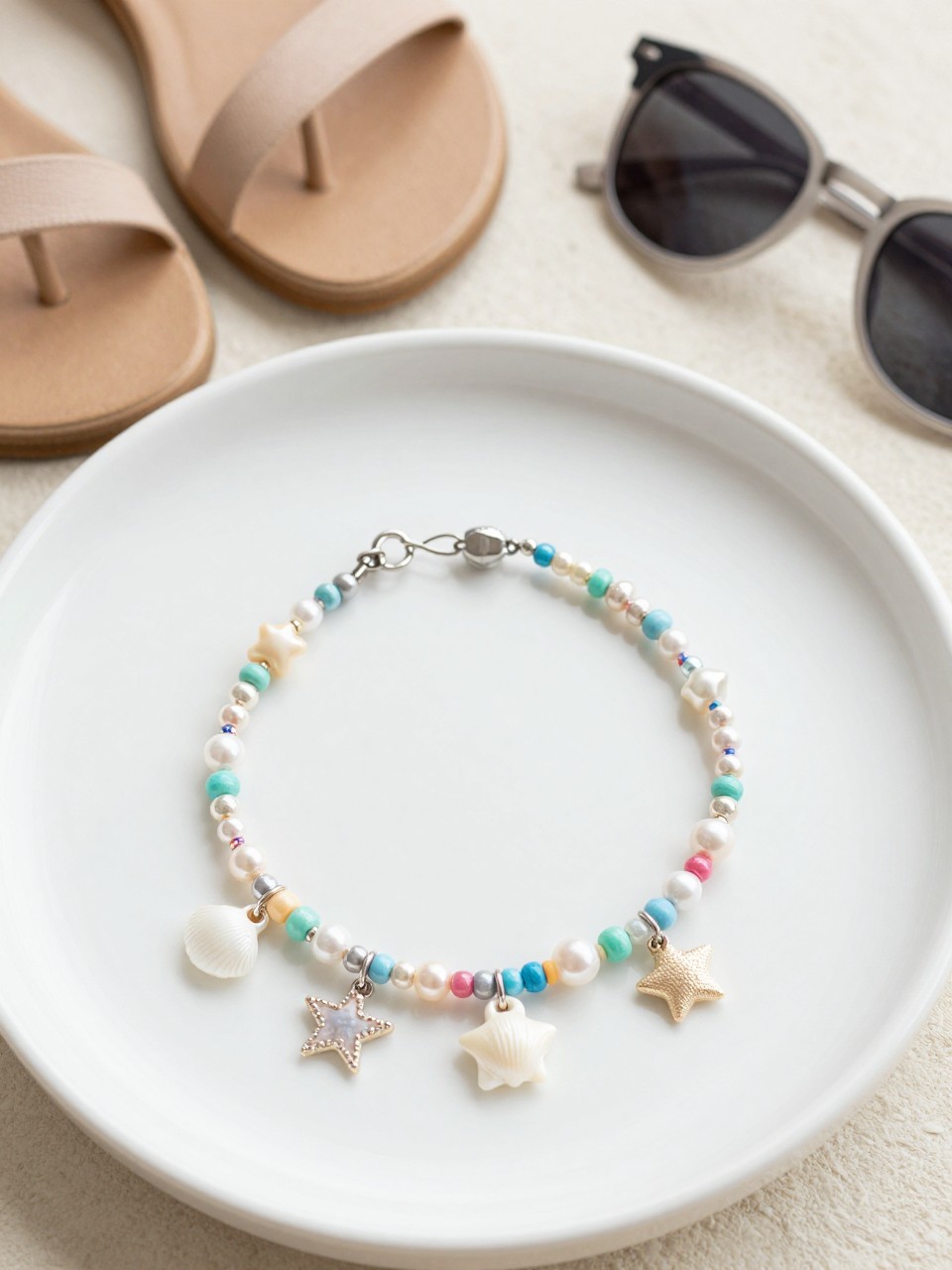 Detailed Image Prompt:
A pretty editorial craft photo of handmade summer charm anklets, delicate beads, tiny shell charms, star charms, pearl beads, and colorful cord arranged on a white tray, finished anklets laid beside sandals and sunglasses, beachy teen summer accessory mood, soft natural light, no ankles, no feet, no faces, no readable text, no watermark on images.