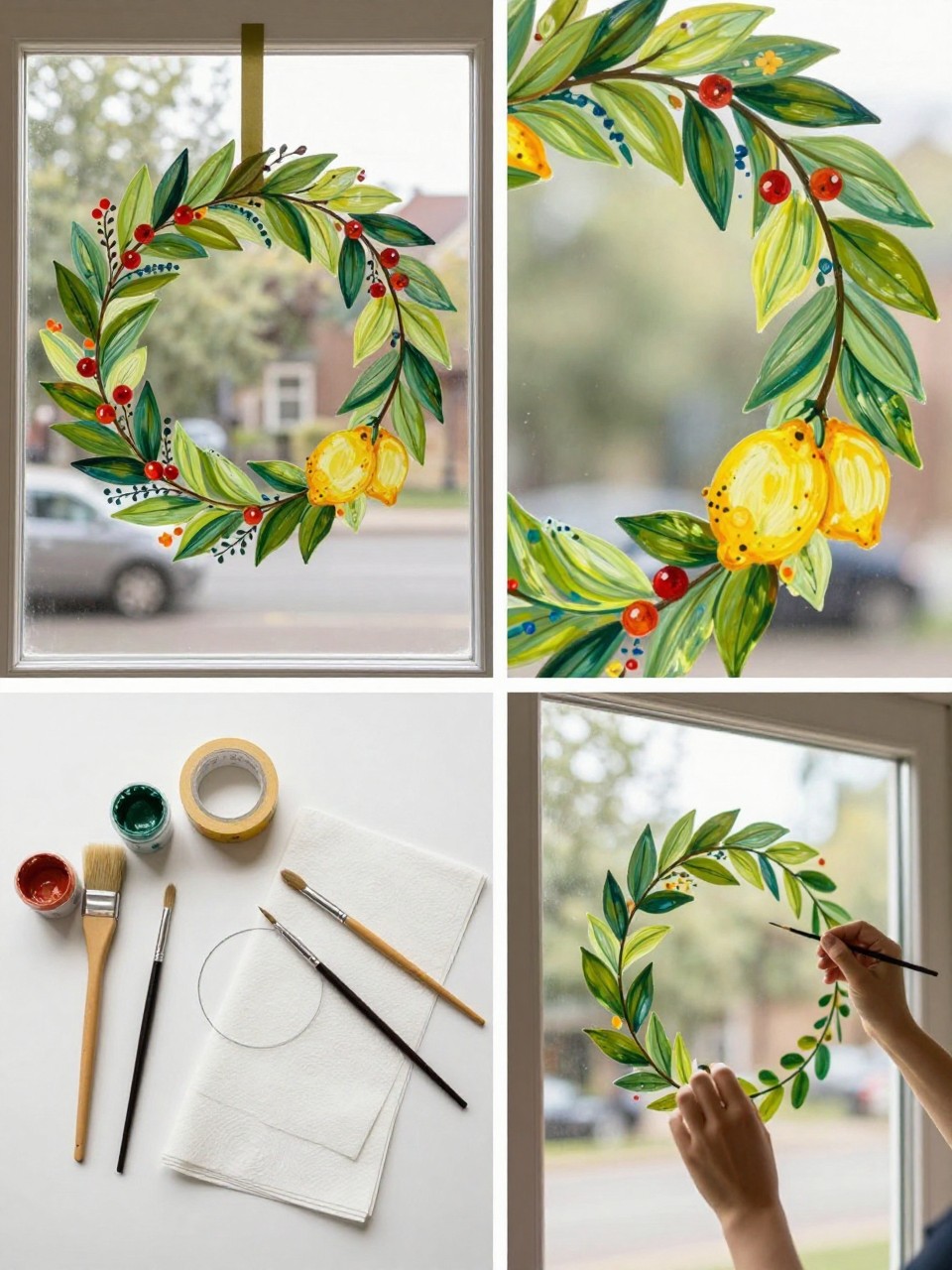 A realistic editorial 2x2 collage grid showing a painted summer wreath on a window, top-left finished window with a circular wreath made of painted leaves, berries, small flowers, lemons, and tiny blue accents, top-right close-up of layered leaf and fruit details glowing in sunlight, bottom-left flat lay of washable paint, round brush, fine brushes, painter’s tape, paper towels, and a bowl used as a circle guide, bottom-right cropped hands painting leaves around a circular guide on glass, bright entryway window setting, no faces, no text, no watermark on images.