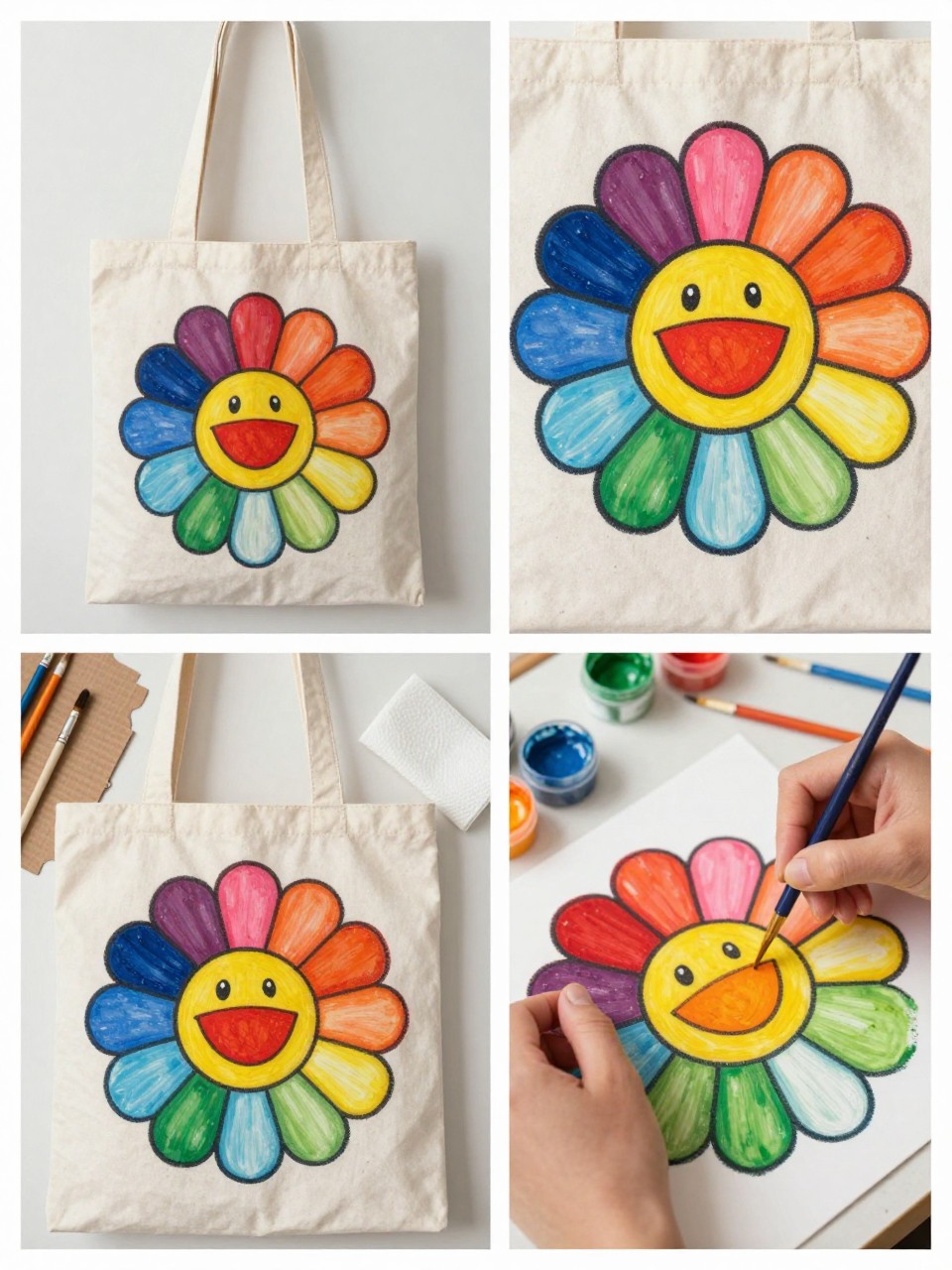 A realistic editorial 2x2 collage grid showing a painted smiley flower canvas tote bag, top-left finished tote with colorful daisy-style flowers with tiny smiley faces in the centers, top-right close-up of flower petals and happy face centers, bottom-left flat lay of tote, fabric paints in yellow, pink, blue, orange, white, and green, brushes, pencil, cardboard insert, and paper towel, bottom-right cropped hands painting flower petals around a yellow center, playful summer craft table, no faces, no text, no watermark on images.