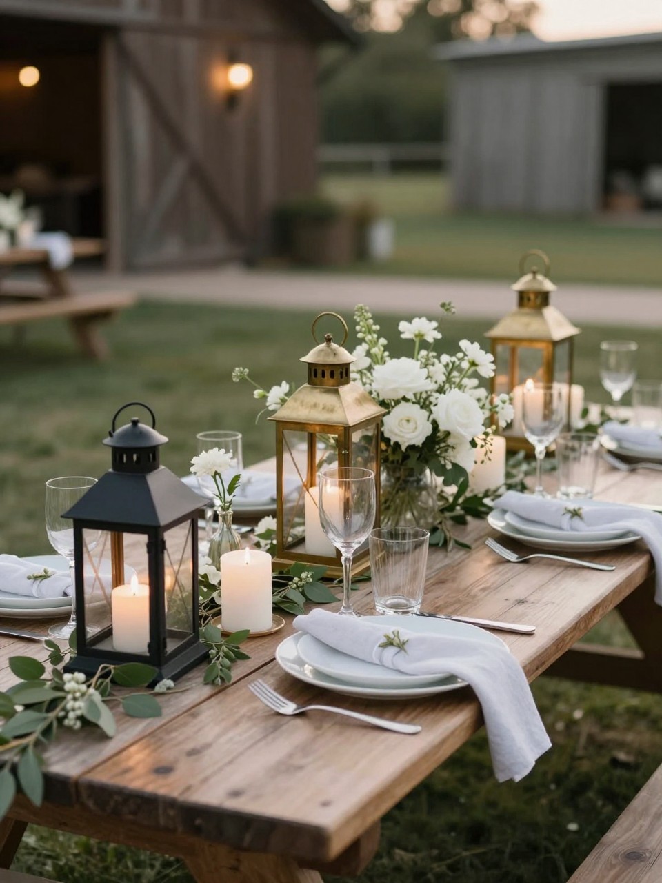 A rustic elegant picnic table wedding setup featuring small black or antique brass lanterns, white flowers, greenery, ivory candles, linen napkins, white plates, and clear glassware. Outdoor countryside or barn wedding setting with warm evening light, no visible faces, no text, no watermark, realistic DSLR editorial photography, (no watermarks on images)