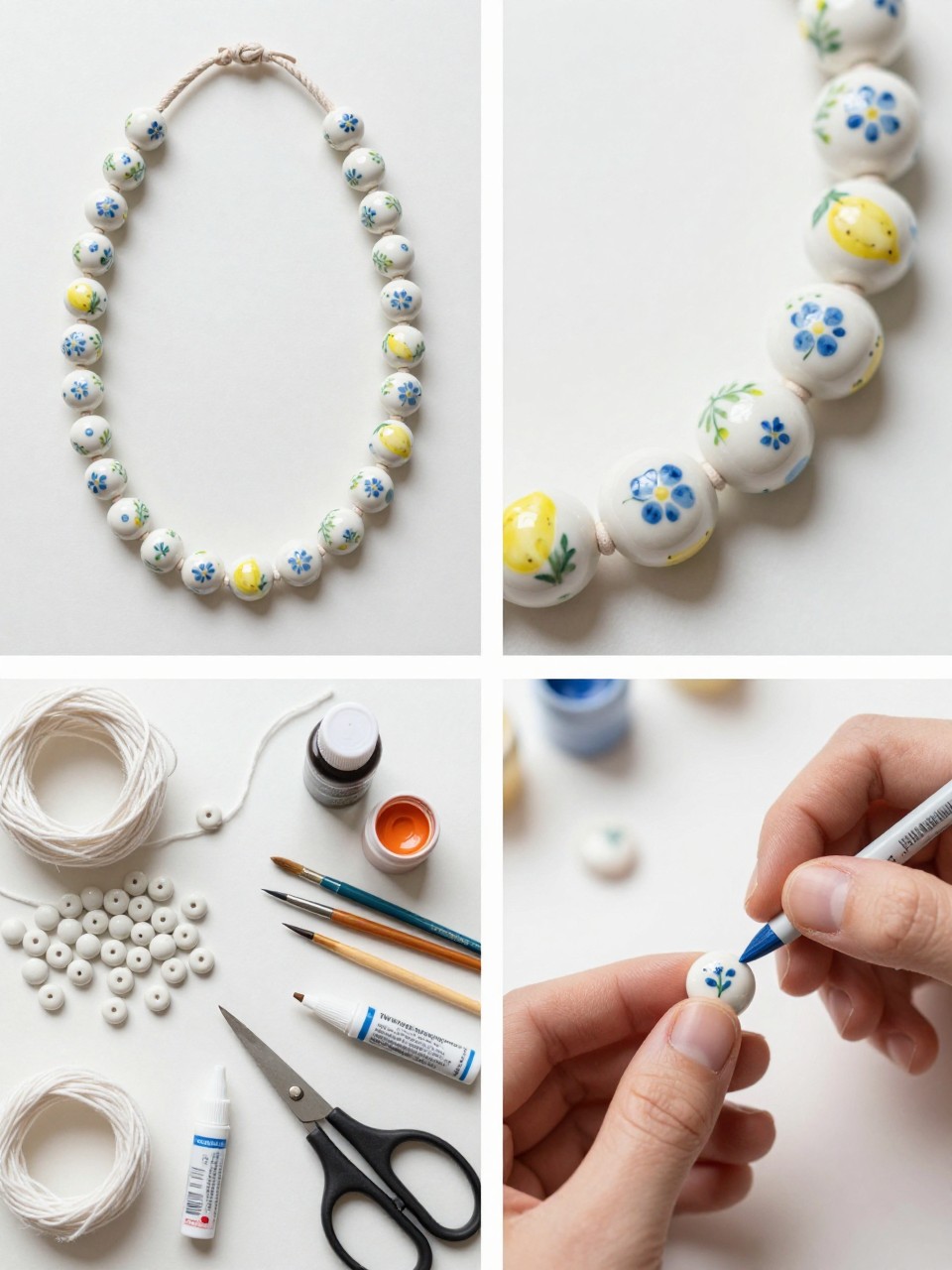 A realistic editorial 2x2 collage grid showing a painted ceramic bead summer necklace, top-left finished necklace with white ceramic beads painted with tiny blue floral and lemon details on cotton cord, top-right close-up of painted bead details and glossy finish, bottom-left flat lay of plain ceramic beads, paint pens, acrylic paint, brushes, cotton cord, scissors, and sealant, bottom-right cropped hands painting tiny blue flowers on a ceramic bead, artistic summer jewelry craft table, no faces, no text, no watermark on images.