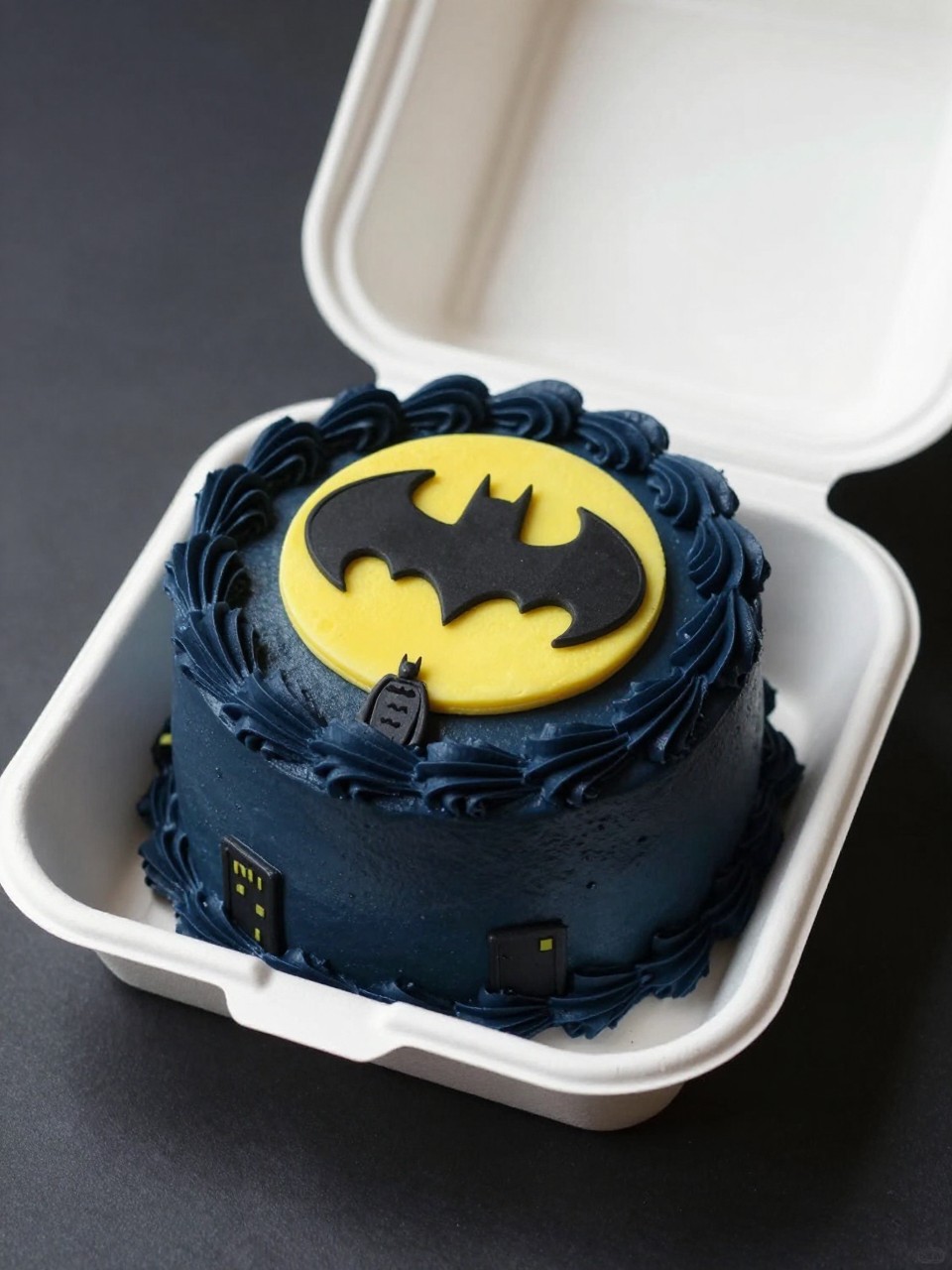 Image Prompt:
A creative Batman inspired bento cake in an open white cake box, smooth dark navy frosting, large yellow moon on top, black rooftop silhouette with a tiny Batman standing pose, neat piped border, moody Gotham-inspired styling, realistic editorial dessert photography, no people, no hands, no faces, (no watermarks on images)
