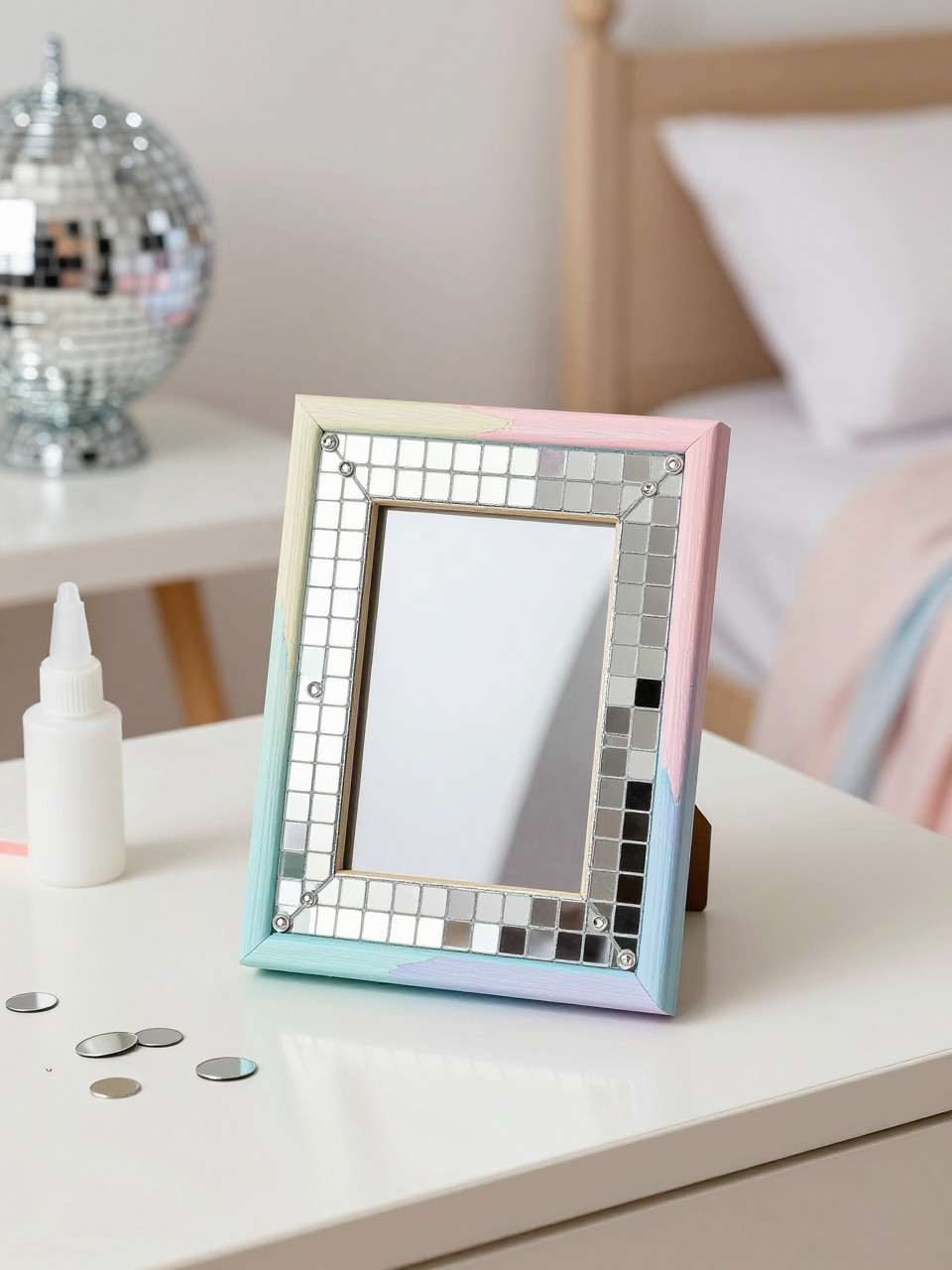 Detailed Image Prompt:
A trendy teen craft photo of a small photo frame decorated with tiny mirror tiles, silver mosaic pieces, rhinestones, and soft pastel painted edges, placed on a clean bedroom desk with craft glue and extra mirror tiles nearby, disco-inspired summer room decor feel, bright reflective lighting, no people, no faces, no readable text, no watermark on images.