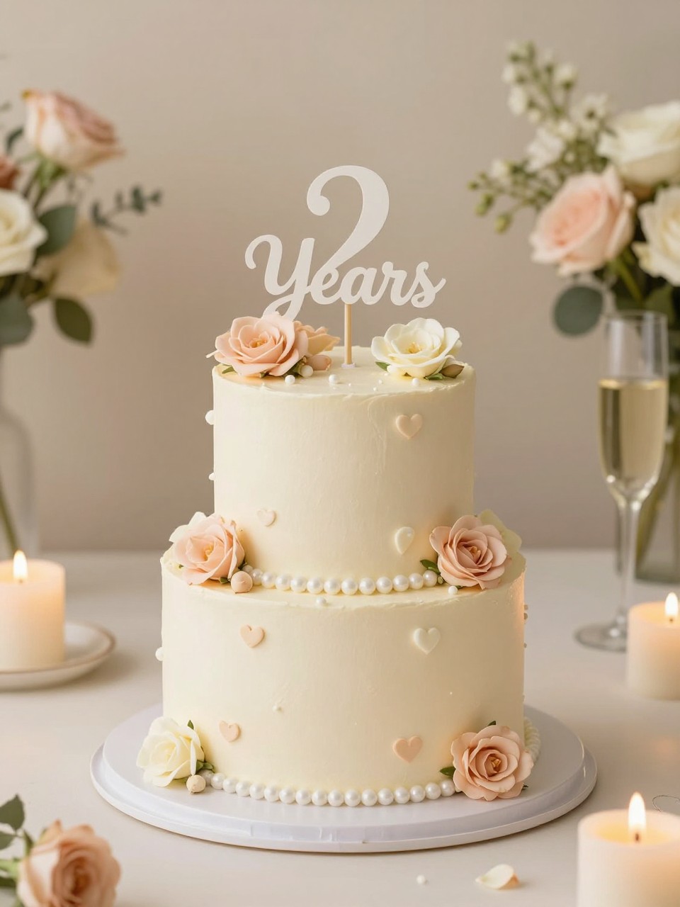 Image Prompt: A small two-tier 2 year anniversary cake with smooth ivory buttercream, tiny blush and cream flowers, pearl borders, small heart details, and a delicate “2 Years” topper. Style it on an elegant dessert table with candles, champagne glasses, and soft neutral florals. Make it romantic, cute, and realistic, no people, no faces, no text overlay, no watermark. (no watermarks on images)