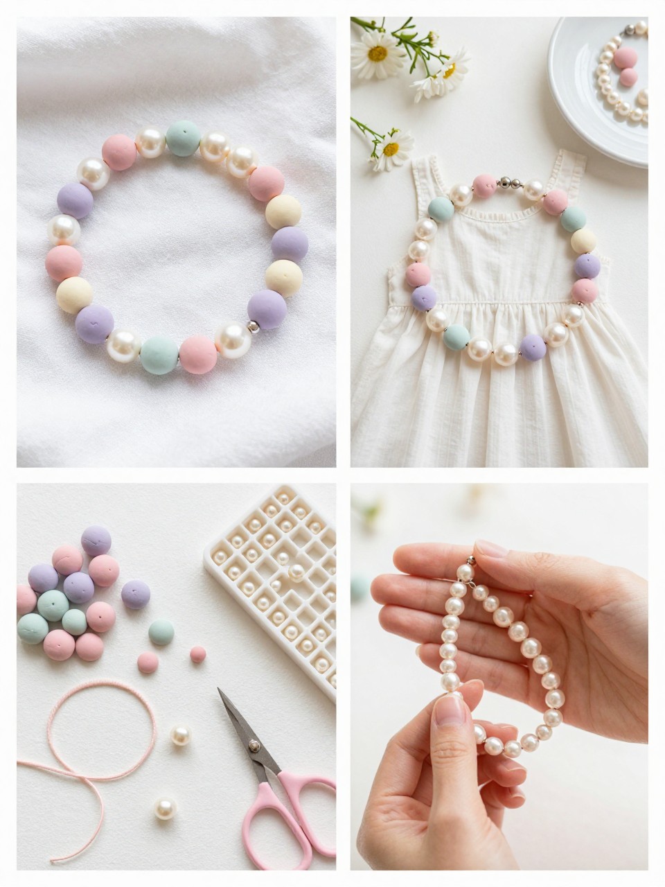 A realistic editorial 2x2 collage grid showing a pearl and pastel clay bead bracelet, top-left finished bracelet with pastel pink, lavender, mint, cream, and pearl beads on a soft white cloth, top-right bracelet beside a summer dress, small flowers, and a dainty jewelry dish, bottom-left flat lay of pastel clay beads, pearl beads, elastic cord, scissors, and bead tray, bottom-right cropped hands stringing pearl beads between pastel clay beads, feminine summer craft styling, no faces, no text, no watermark on images.