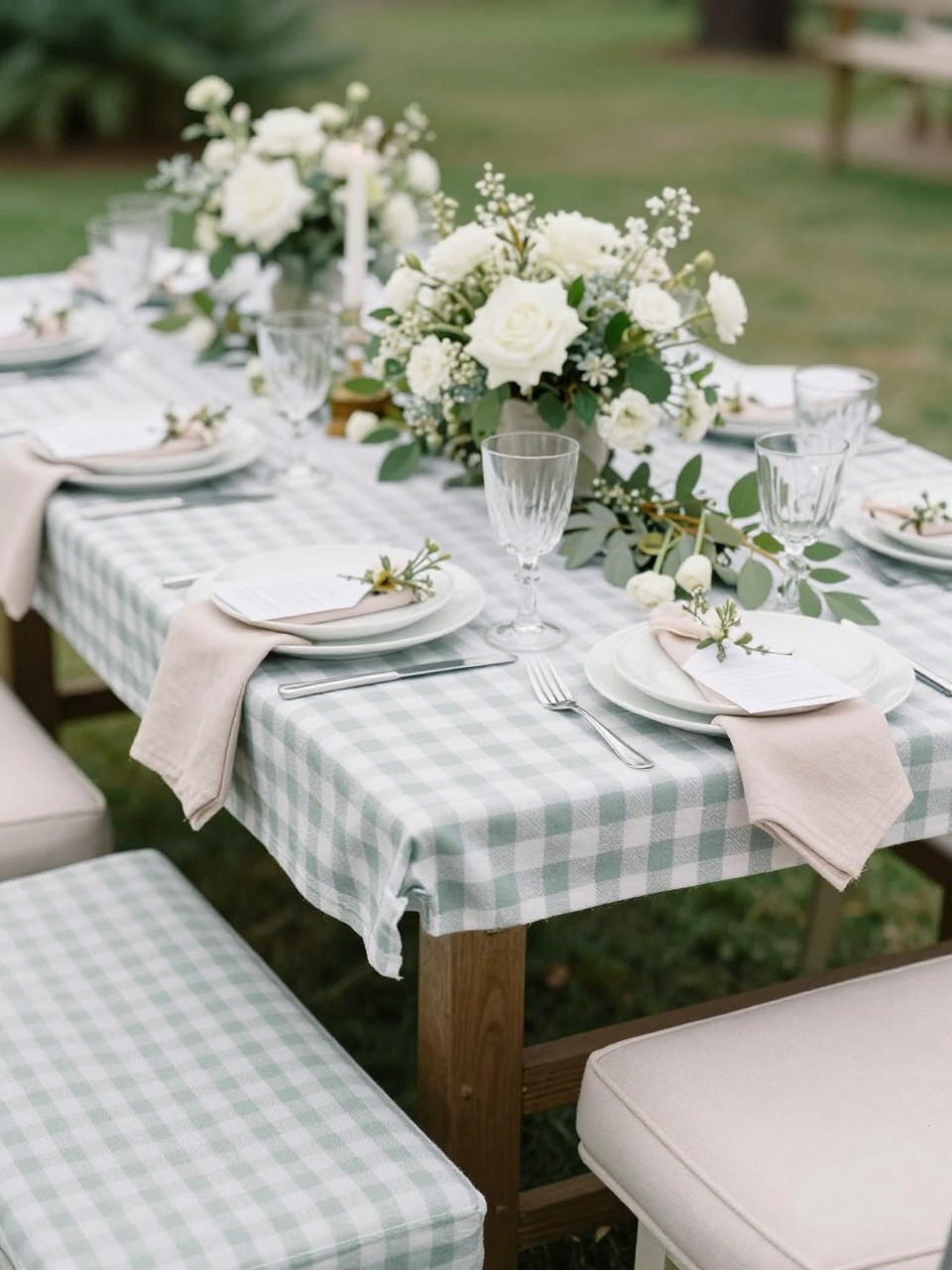 A cute wedding picnic table styled with soft gingham napkins in sage, beige, blush, or dusty blue, paired with white plates, small white floral centerpieces, greenery, clear glasses, and natural outdoor light. Garden or backyard wedding setting, no visible faces, no text, no watermark, realistic editorial wedding photography, (no watermarks on images)