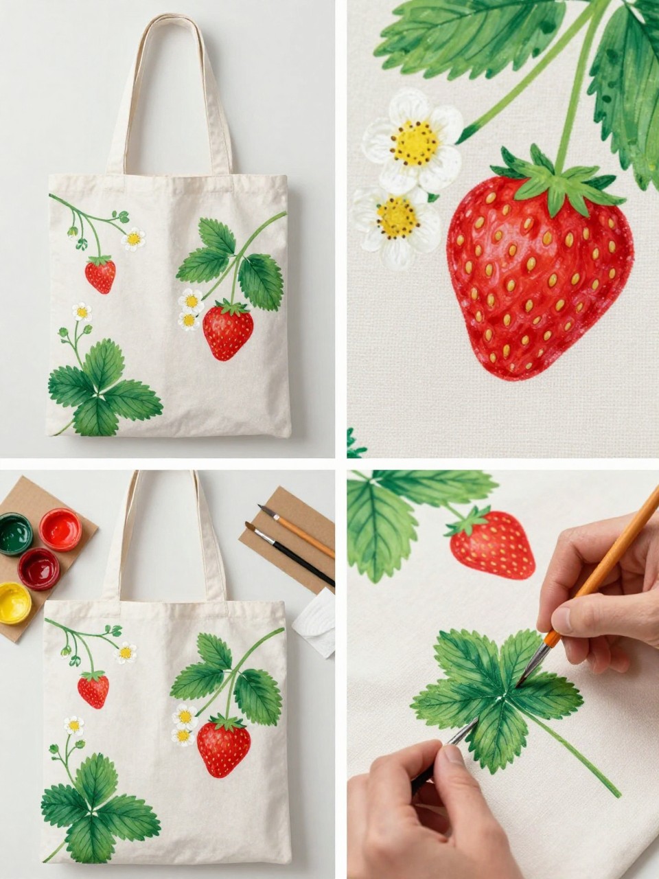 A realistic editorial 2x2 collage grid showing a strawberry vine painted canvas tote bag, top-left finished tote with red strawberries, green vines, leaves, and small white flowers climbing from the lower corner, top-right close-up of strawberry seeds, flowers, and leaf details, bottom-left flat lay of tote, red, green, white, and yellow fabric paint, fine brushes, pencil, cardboard insert, and paper towel, bottom-right cropped hands painting strawberry leaves on the tote, cute summer garden craft setting, no faces, no text, no watermark on images.