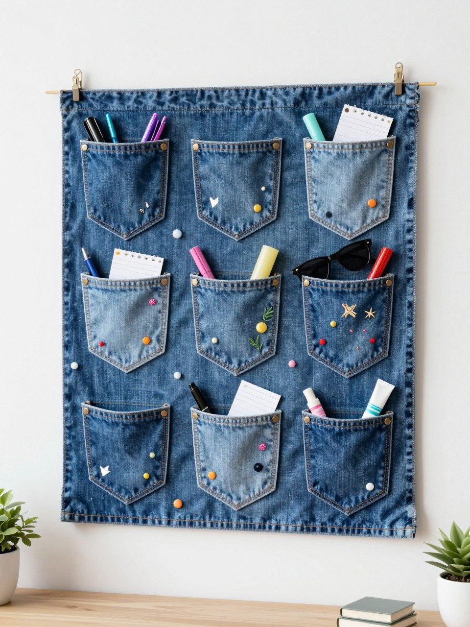 Detailed Image Prompt:
A creative teen craft photo of a denim pocket wall organizer made from old jeans, several denim pockets attached to a fabric backing, decorated with patches, embroidery, beads, and small painted details, holding pens, sunglasses, lip balm, and notes, hung on a white wall above a desk, stylish upcycled summer craft look, no people, no faces, no readable text, no watermark on images.