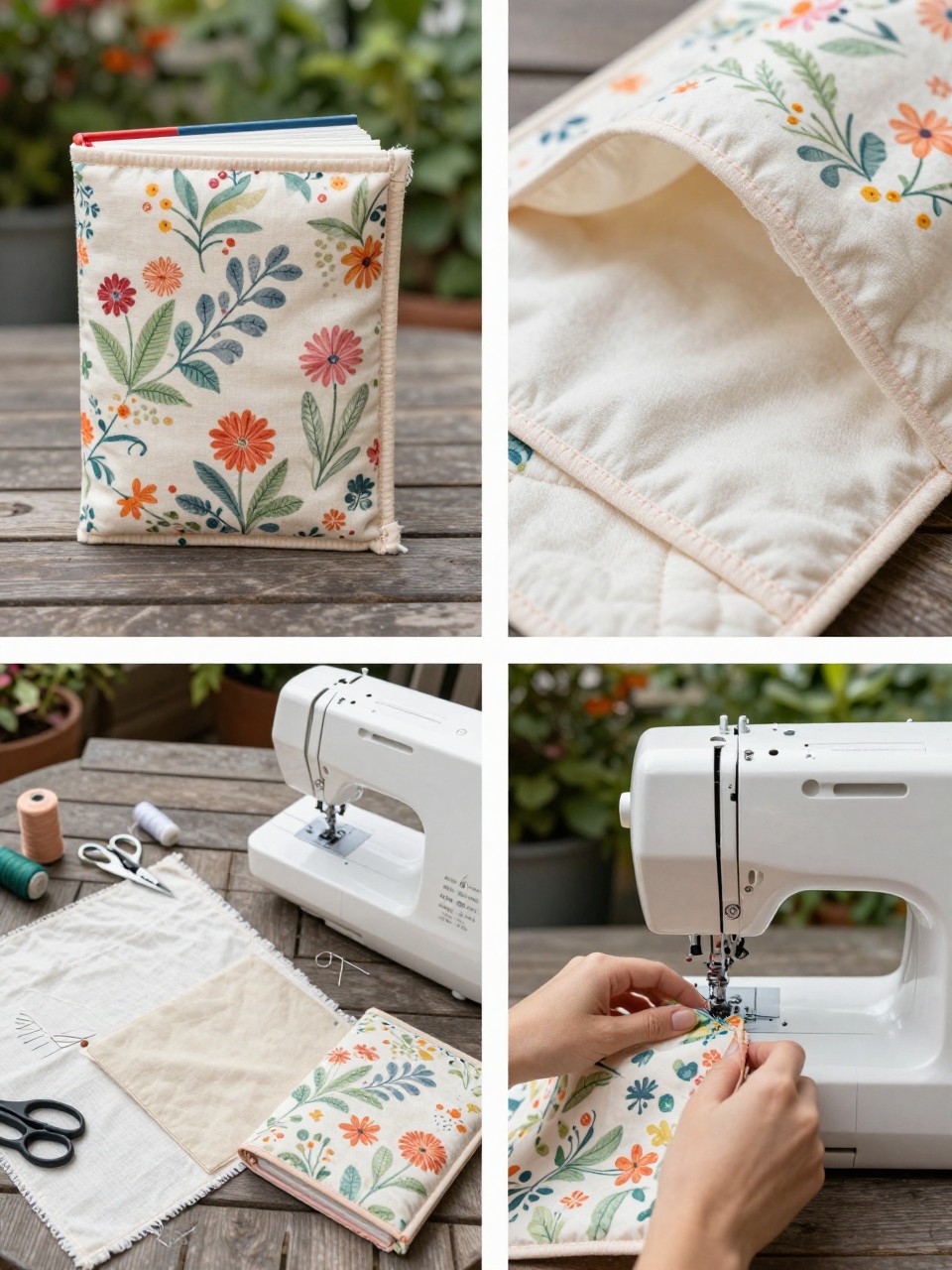 A realistic editorial 2x2 collage grid showing a handmade summer fabric book sleeve, top-left finished padded book sleeve in floral cotton fabric holding a paperback book on a patio table, top-right close-up of soft lining, topstitching, and quilted texture, bottom-left flat lay of cotton fabric, lining fabric, thin batting, sewing machine, scissors, pins, thread, and book, bottom-right cropped hands sewing the sleeve side seam at a sewing machine, sunny summer reading craft setup, no faces, no text, no watermark on images.