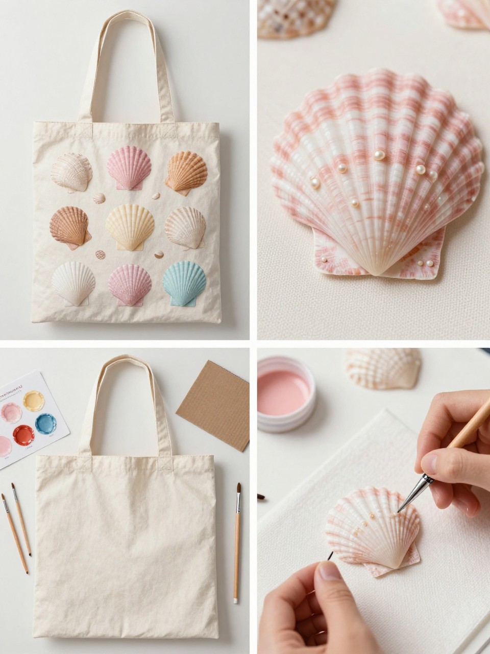 A realistic editorial 2x2 collage grid showing a cute seashell painted canvas tote bag, top-left finished tote with soft pink, cream, tan, and pale blue seashells scattered across the front, top-right close-up of scallop shell ridges and small pearl dots, bottom-left flat lay of blank tote, pastel fabric paints, shell references, fine brushes, pencil, cardboard insert, and paper towel, bottom-right cropped hands painting a scallop shell shape, soft beach summer craft styling, no faces, no text, no watermark on images.