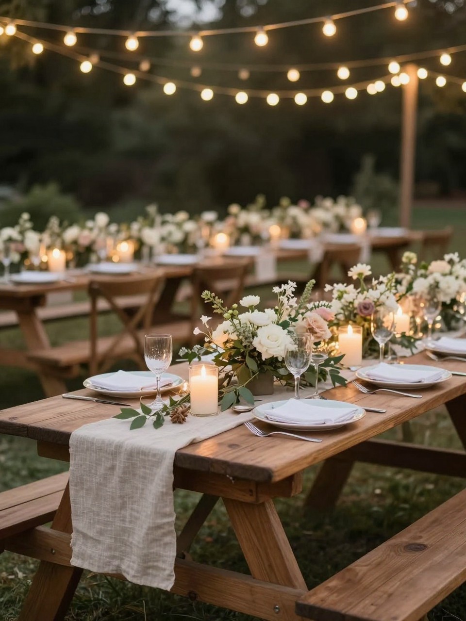 A dreamy outdoor wedding reception photo showing wooden picnic tables styled with simple linen runners, candles, flowers, greenery, white plates, and elegant place settings beneath warm hanging string lights. The focus is on the decorated tables and glowing lights, no visible faces, no full people, no text, no watermark, realistic DSLR wedding photography, (no watermarks on images)