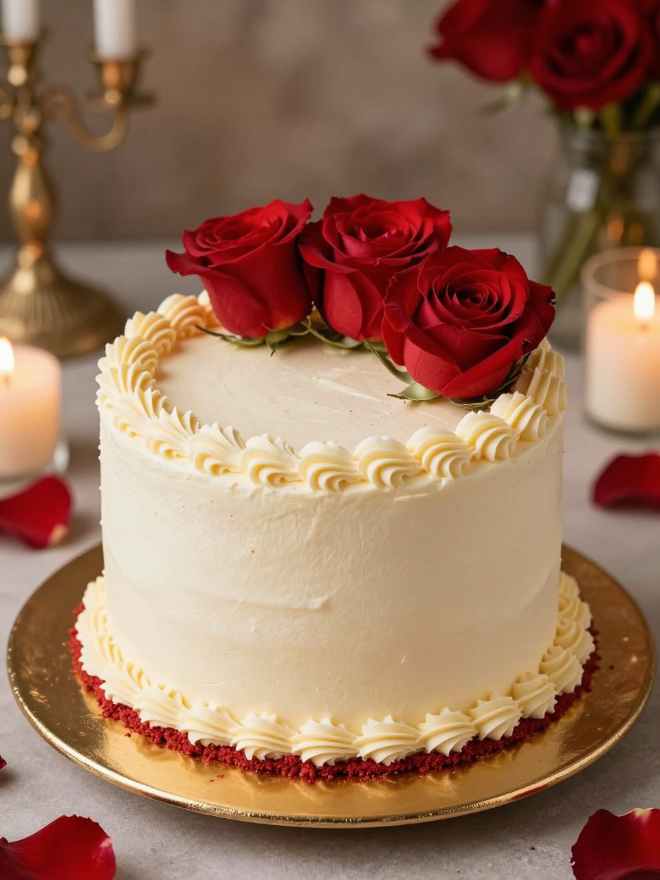 Image Prompt: A romantic red velvet anniversary cake with a smooth cream cheese frosting finish, red crumb accents, heart-shaped piping, and fresh red roses on top. Style it on a dessert table with gold dessert plates, rose petals, candles, and a warm romantic background. Make it rich, elegant, and realistic, no people, no faces, no text overlay, no watermark. (no watermarks on images)