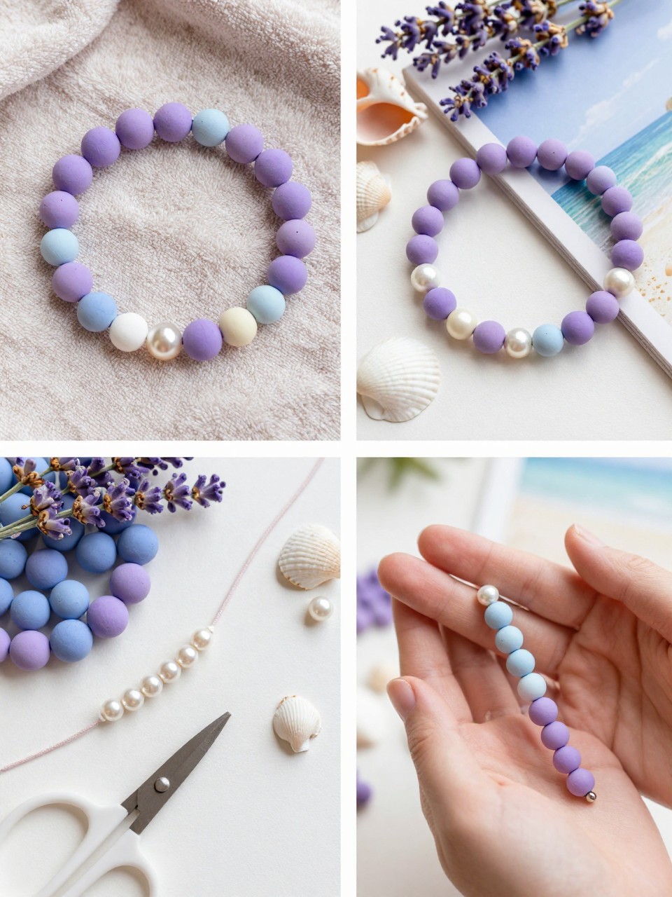 A realistic editorial 2x2 collage grid showing a lavender beach clay bead bracelet, top-left finished bracelet with lavender, pale blue, white, cream, and pearl beads on a soft beach towel, top-right bracelet beside seashells, lavender flowers, and a summer book, bottom-left flat lay of lavender and blue clay beads, pearl beads, elastic cord, scissors, and shell charm, bottom-right cropped hands adding pale blue beads beside lavender beads, soft coastal craft scene, no faces, no text, no watermark on images.