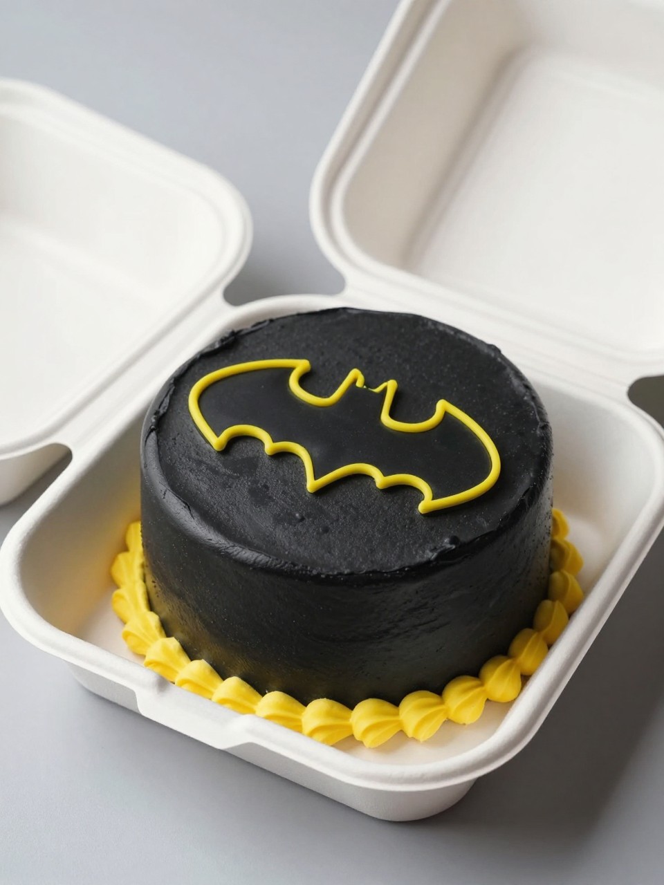 Image Prompt:
A minimal Batman themed bento cake inside an open white bento cake box, smooth matte black frosting, tiny centered yellow bat symbol, clean yellow piped border, sleek modern bakery styling, soft studio light, realistic editorial dessert photography, no people, no hands, no faces, (no watermarks on images)