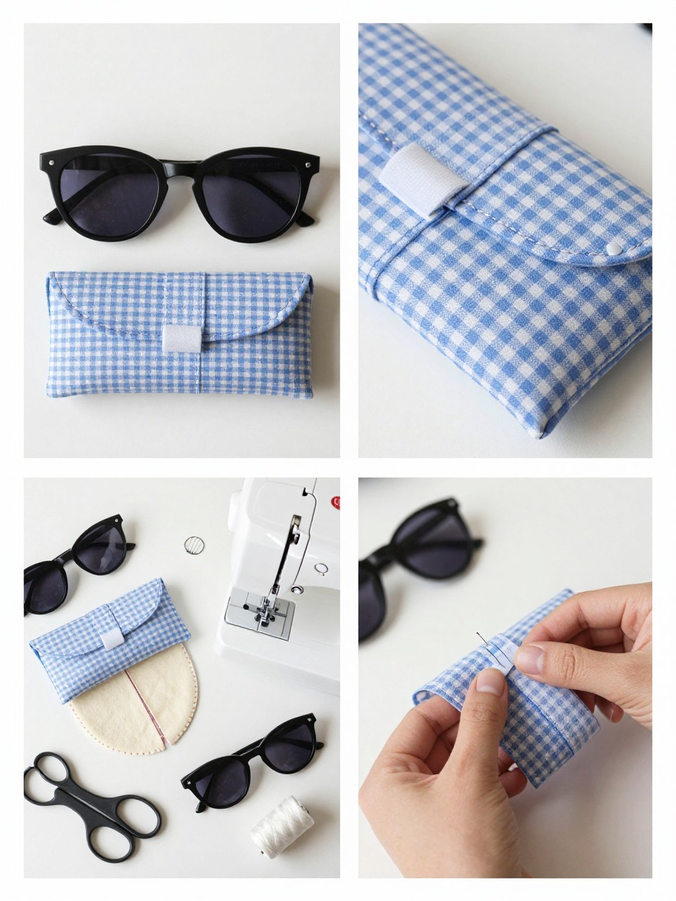 A realistic editorial 2x2 collage grid showing a handmade sunglasses case with velcro closure, top-left finished case in blue gingham fabric with sunglasses beside it, top-right close-up of flap closure, velcro tab, and neat stitching, bottom-left flat lay of outer fabric, lining fabric, batting, velcro, sewing machine, pins, scissors, thread, and sunglasses, bottom-right cropped hands sewing velcro onto the flap, summer accessory sewing table, no faces, no text, no watermark on images.