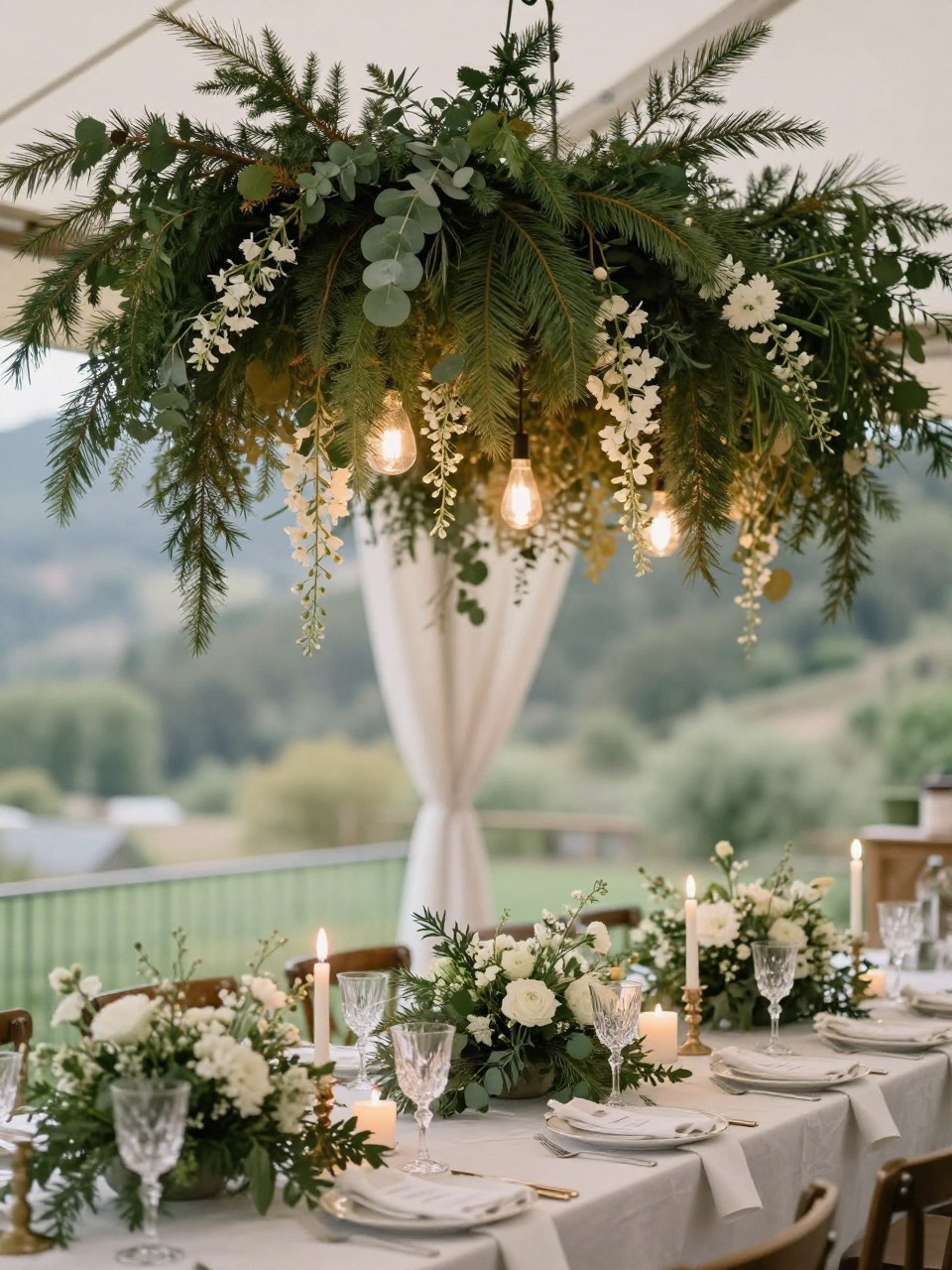 A dreamy editorial mountain wedding reception photo showing a long table beneath a hanging greenery installation with evergreen branches, eucalyptus, white flowers, soft vines, and warm lights. The table below has candles, white plates, linen napkins, crystal glasses, and low floral arrangements. No visible faces, no full people, table and hanging greenery focused, no text, no watermark, realistic DSLR wedding photography, (no watermarks on images)