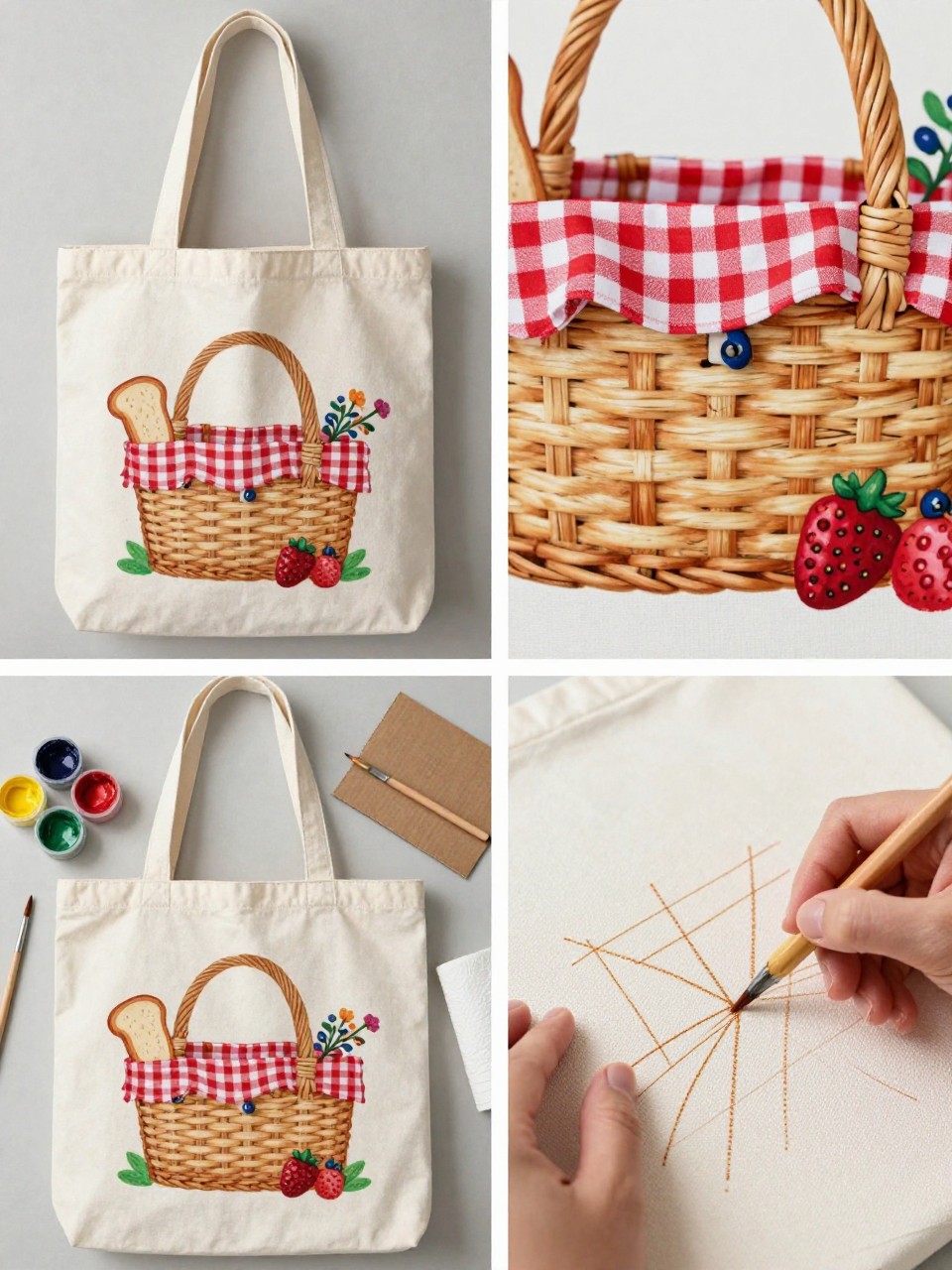 A realistic editorial 2x2 collage grid showing a picnic basket painted canvas tote bag, top-left finished tote with a cute painted picnic basket, gingham cloth, flowers, berries, and bread shapes peeking out, top-right close-up of basket weave, berry details, and gingham cloth, bottom-left flat lay of tote, brown, red, white, green, yellow, and pink fabric paint, brushes, pencil, cardboard insert, and paper towel, bottom-right cropped hands painting basket weave lines on canvas, cozy summer picnic craft styling, no faces, no text, no watermark on images.
