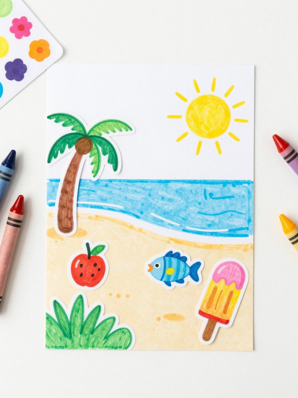 Detailed Image Prompt:
A bright preschool craft photo showing a summer sticker scene on cardstock, beach, sun, flower, fruit, fish, and popsicle stickers arranged on a simple drawn outdoor background, crayons and sticker sheets nearby, clean table setup, cheerful preschool art style, no people, no faces, no readable text, no watermark on images.