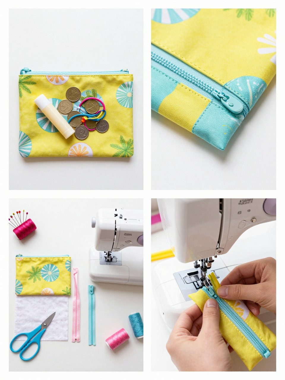 A realistic editorial 2x2 collage grid showing a handmade mini zipper pouch, top-left finished pouch in bright summer fabric holding lip balm, coins, and hair ties, top-right close-up of zipper stitching and corner seam, bottom-left flat lay of outer fabric, lining fabric, zipper, sewing machine, zipper foot, pins, scissors, and thread, bottom-right cropped hands sewing along a zipper edge, bright summer sewing table, no faces, no text, no watermark on images.