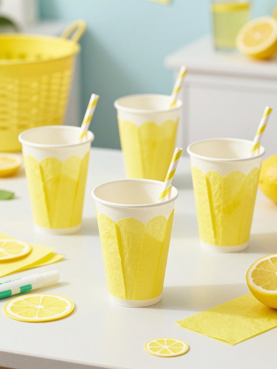Detailed Image Prompt:
A cheerful preschool summer craft photo showing paper lemonade cups decorated with yellow tissue paper, clear cup shapes cut from paper, yellow tissue pieces, paper straws, tiny lemon circles, glue sticks, and craft scraps on a clean table, fresh lemonade stand theme, bright natural light, no people, no faces, no readable text, no watermark on images.