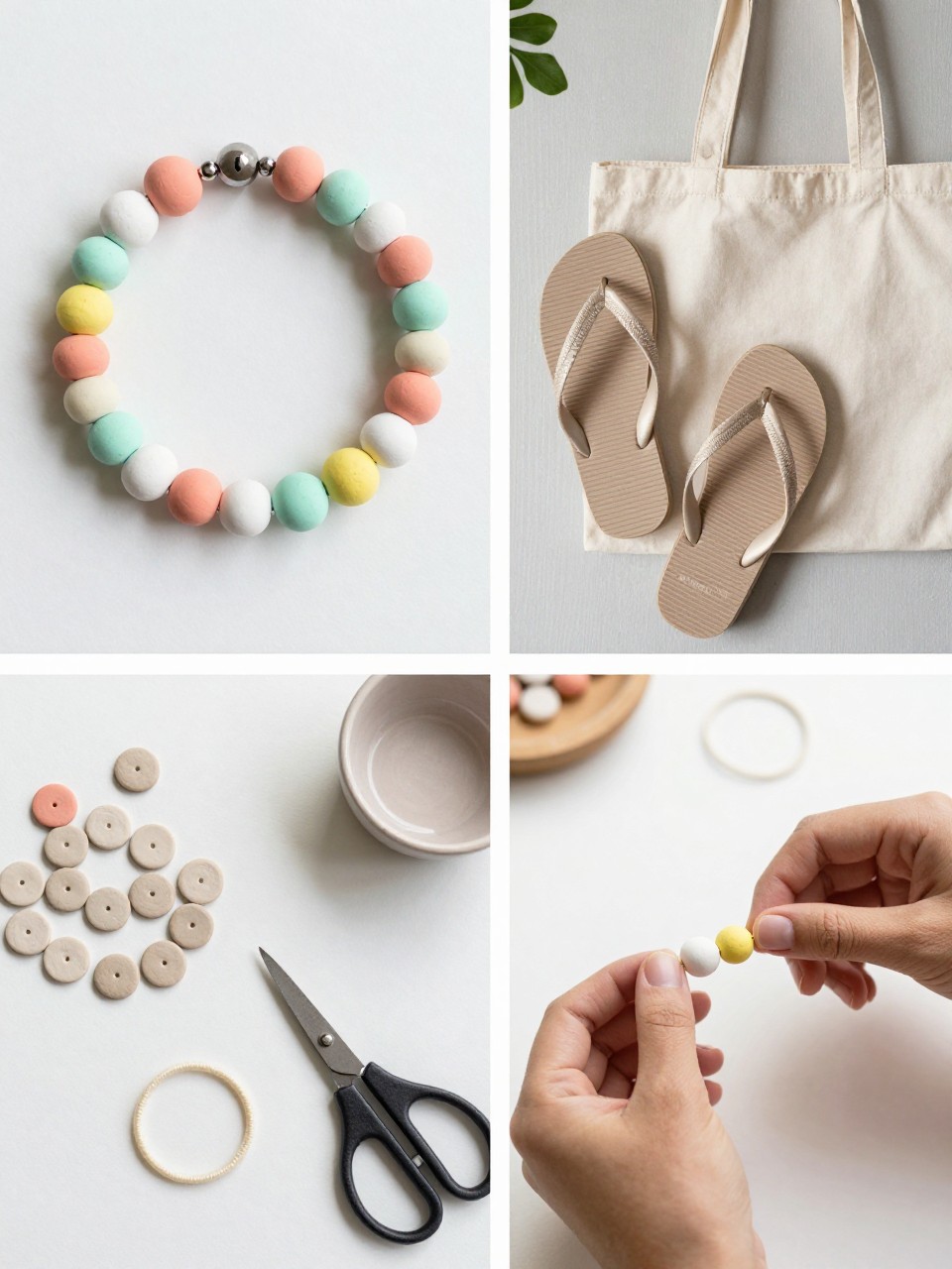 A realistic editorial 2x2 collage grid showing a beginner clay disc bead friendship bracelet, top-left finished bracelet made with flat clay beads in peach, mint, white, and yellow, top-right bracelet beside flip-flops and a summer tote bag, bottom-left flat lay of clay disc beads, elastic cord, scissors, and a small bowl, bottom-right cropped hands stringing beads onto elastic cord, bright summer craft table, realistic photo quality, no faces, no text, no watermark on images.