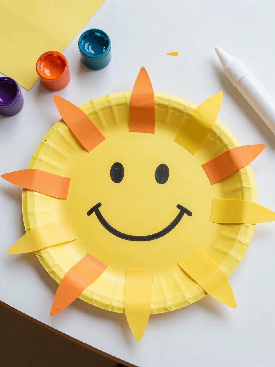 Detailed Image Prompt:
A sweet summer craft image showing a toddler-made paper plate sunshine, yellow painted paper plate with chunky orange and yellow paper rays glued around the edge, large smiley face drawn in simple marker style, washable paint, glue stick, and paper scraps nearby, clean preschool craft table, bright daylight, no people, no faces except drawn sun face, no text, no watermark on images.