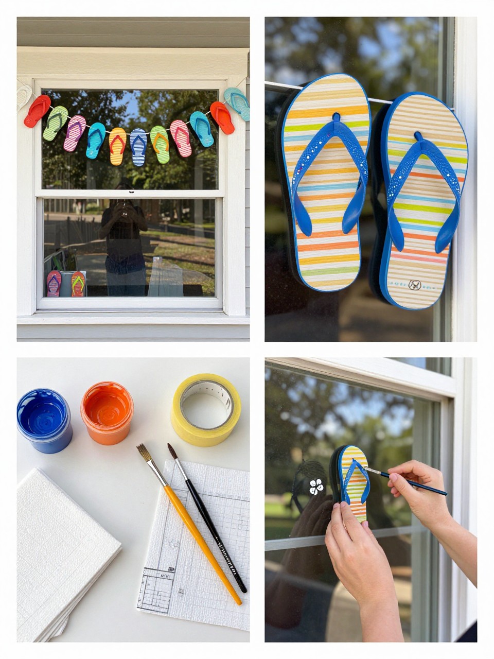 A realistic editorial 2x2 collage grid showing a painted flip-flop window garland, top-left finished window with a curved garland of colorful flip-flop shapes across the top, top-right close-up of painted flip-flops with stripes, dots, and flower details, bottom-left flat lay of washable paint, brushes, painter’s tape, paper towels, and pencil sketch guides, bottom-right cropped hands painting a small flip-flop shape near the top of the window, sunny porch window craft scene, no faces, no text, no watermark on images.