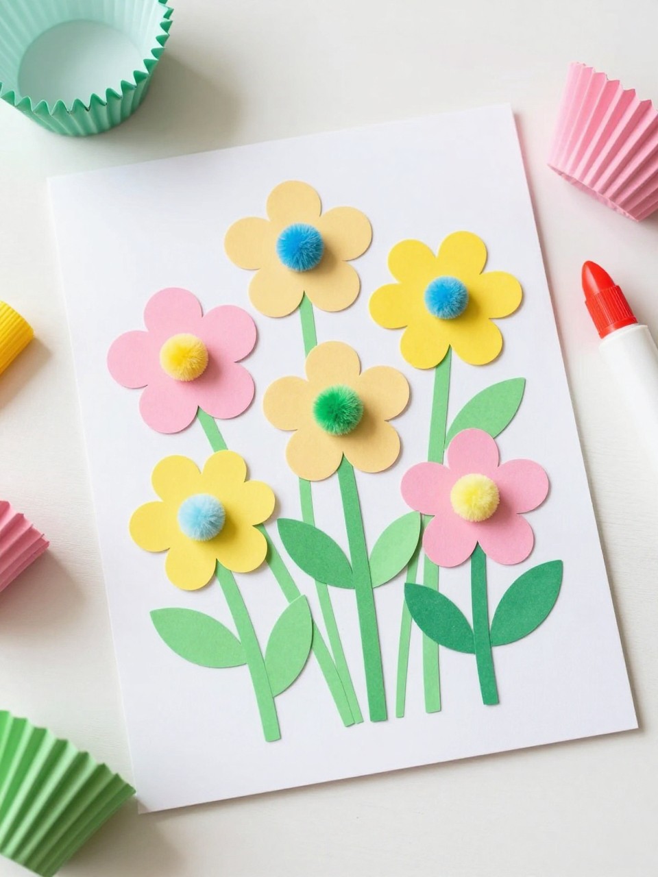 Detailed Image Prompt:
A charming toddler craft image of cupcake liner summer flowers on pastel cardstock, bright flattened cupcake liners used as flower heads, green paper stems and leaves, pom-pom centers, glue stick and extra liners nearby, sunny craft table styling, soft colorful summer mood, no people, no faces, no text, no watermark on images.