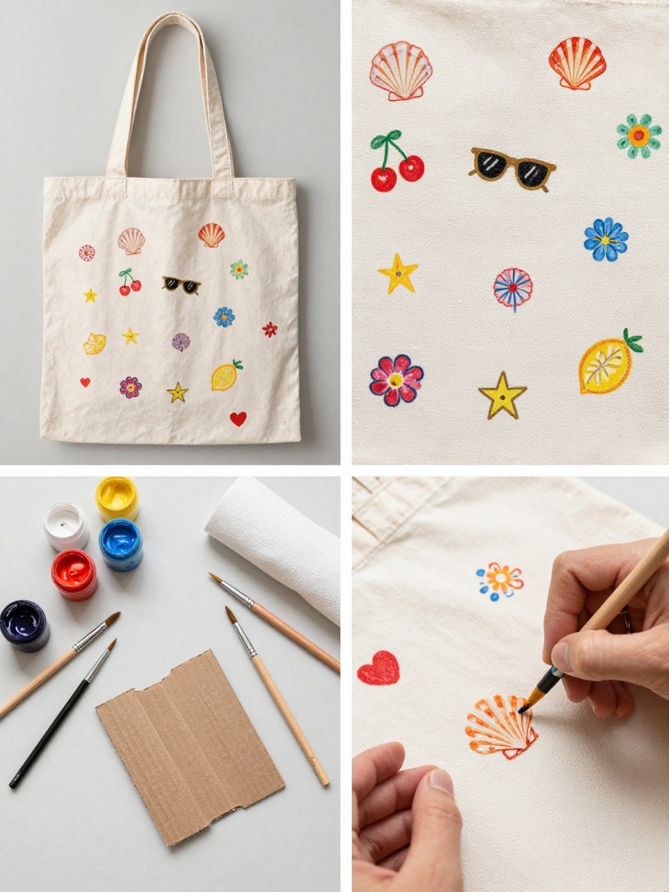 A realistic editorial 2x2 collage grid showing a painted summer charm canvas tote bag, top-left finished tote with tiny painted summer icons like shells, cherries, sunglasses, flowers, stars, lemons, and hearts scattered across the canvas, top-right close-up of small painted icons and colorful brush details, bottom-left flat lay of tote, assorted fabric paints, fine brushes, pencil, cardboard insert, and paper towel, bottom-right cropped hands painting a tiny shell icon on the tote, fun summer DIY craft setting, no faces, no text, no watermark on images.