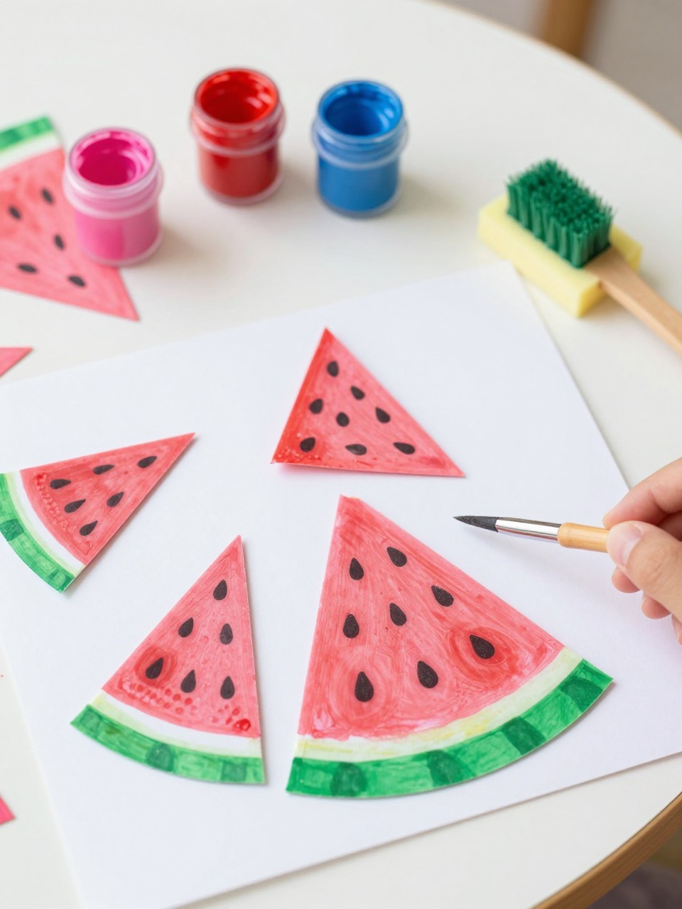Detailed Image Prompt:
A bright editorial-style toddler craft photo showing handmade fingerprint watermelon slice art on white cardstock, pink triangle watermelon shapes with green paper rinds and tiny black fingerprint seeds, washable paint pots nearby, a small sponge brush, child-safe craft setup on a clean table, cheerful summer colors, soft natural daylight, no hands, no faces, no readable text, no watermark on images.