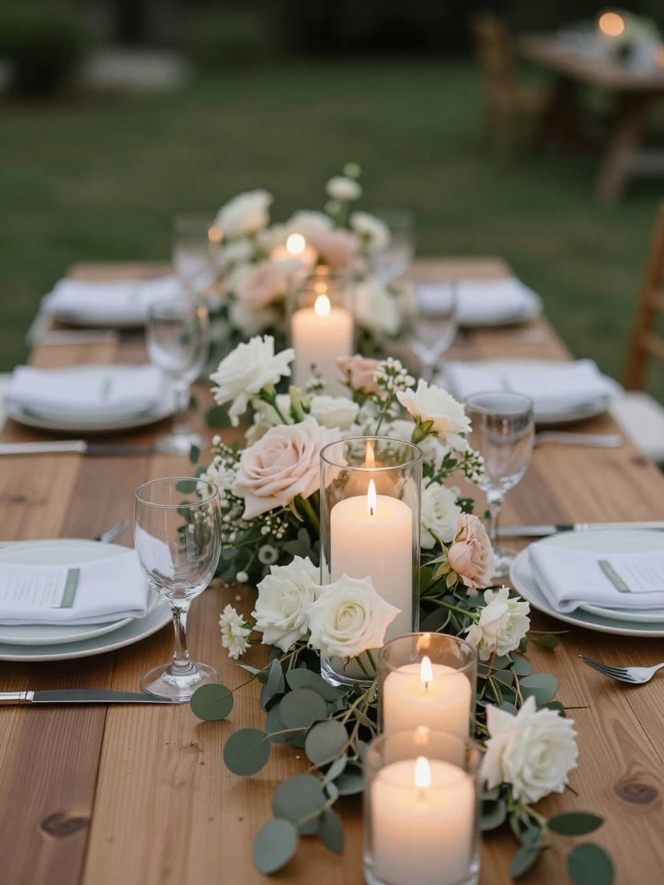 A romantic picnic table wedding photo showing clustered candles in clear glass holders, low white and blush floral arrangements, soft greenery, white plates, linen napkins, clear glasses, and warm evening light. Outdoor garden or backyard wedding reception setting, no visible faces, no full people, no text, no watermark, realistic DSLR editorial photography, (no watermarks on images)