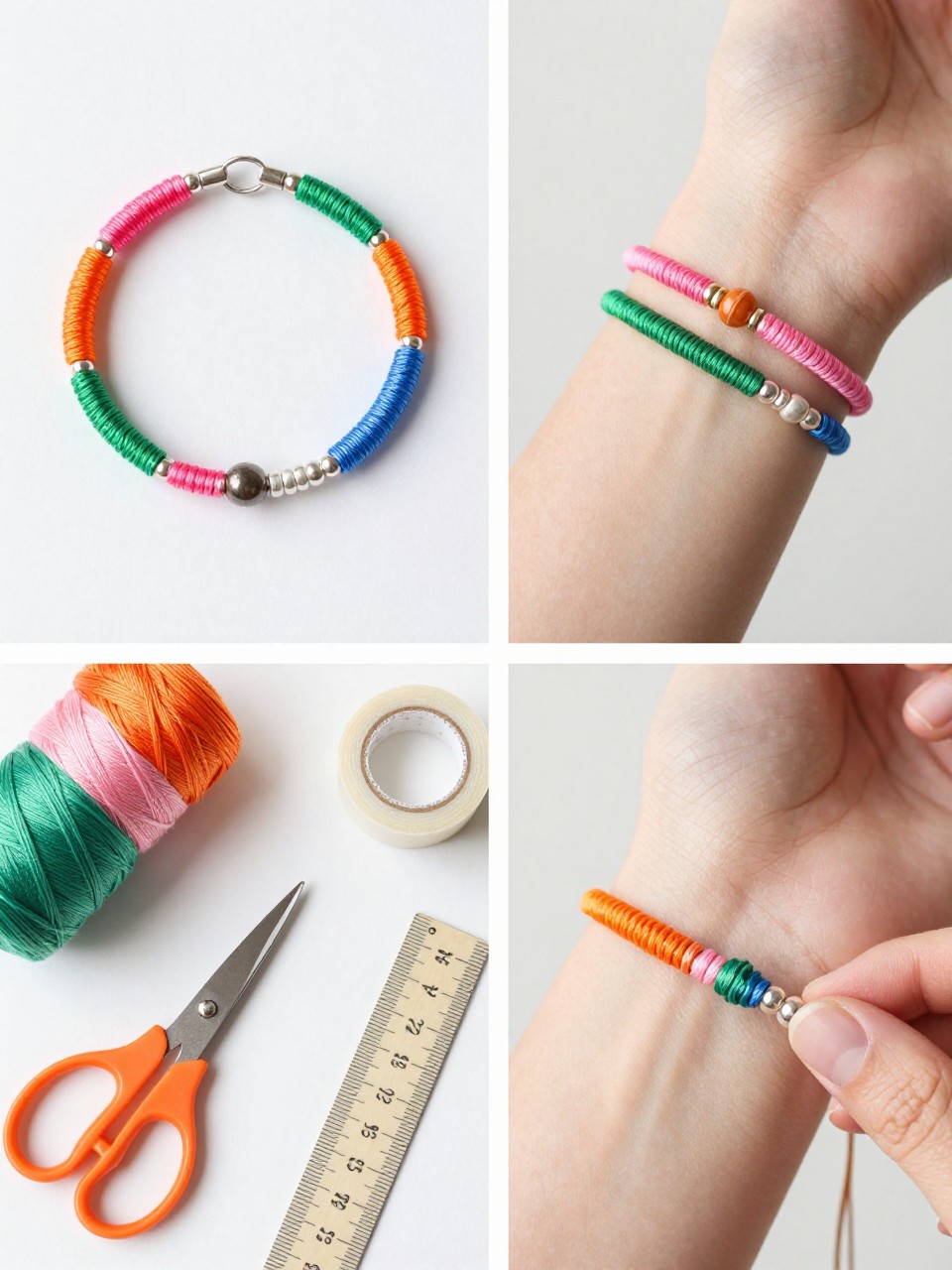 A realistic editorial 2x2 collage grid showing a beginner color block friendship bracelet, top-left finished bracelet with sections of pink, orange, green, and blue thread on a white surface, top-right bracelet stacked with simple summer jewelry on a wrist cropped at the hand, bottom-left flat lay of thread colors, scissors, tape, and ruler, bottom-right close-up of one color section being wrapped around the bracelet base, modern summer craft styling, no faces, no text, no watermark on images.