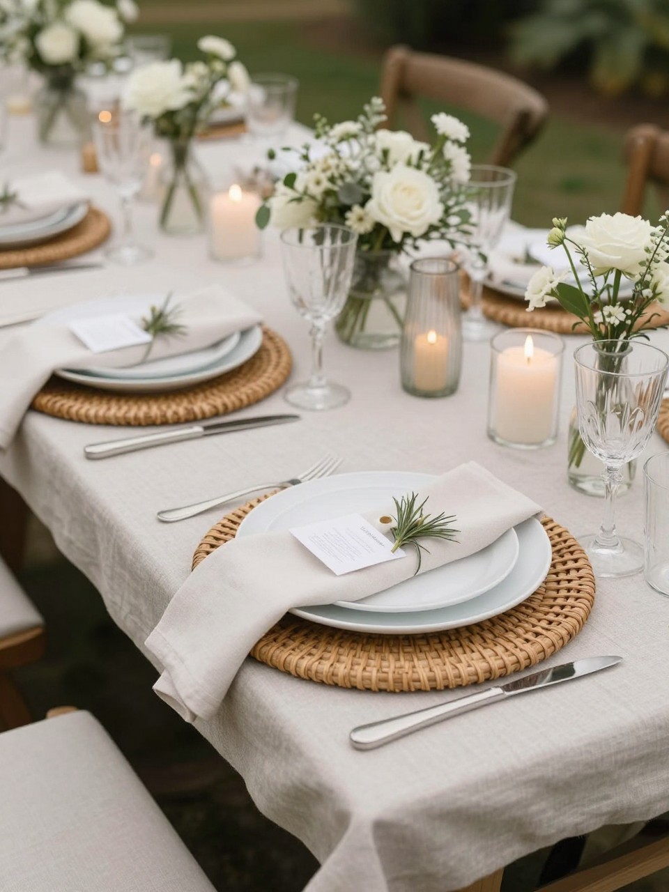 A stylish picnic table wedding photo showing neutral linen, rattan chargers, white plates, folded ivory napkins, small floral arrangements, clear glassware, and soft candlelight. Outdoor boho garden wedding setting, no visible faces, no text, no watermark, professional DSLR wedding photography, (no watermarks on images)