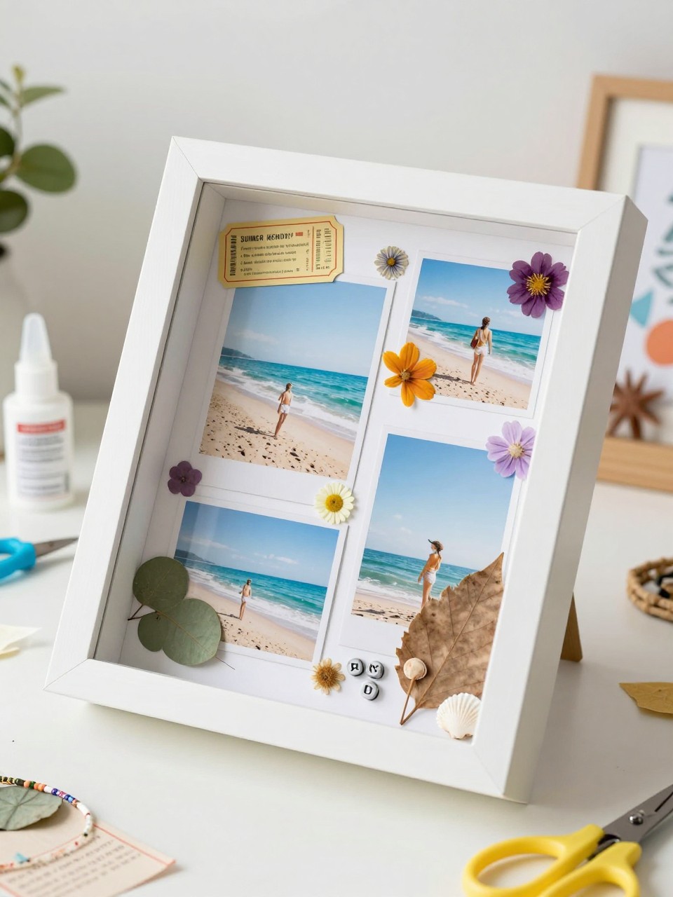 Detailed Image Prompt:
A creative editorial craft photo of a summer memory shadow box, open white shadow box frame filled with beach photos, pressed flowers, ticket stubs, small shells, friendship bracelet scraps, dried leaves, and colorful paper accents, styled on a clean desk with craft glue and scissors nearby, soft summer nostalgia mood, no people, no faces, no readable text, no watermark on images.