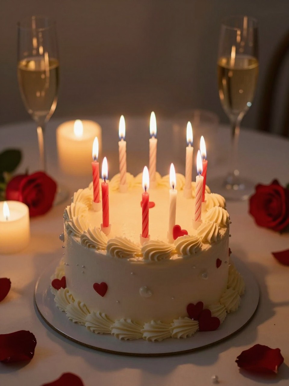 Image Prompt: A romantic candlelit anniversary cake with ivory buttercream, slim red and white candles, tiny piped hearts, pearl details, and soft floral accents at the base. Place it on an evening dessert table with glowing candles, champagne glasses, red roses, and warm shadows. Make it intimate, emotional, and realistic, no people, no faces, no watermark. (no watermarks on images)