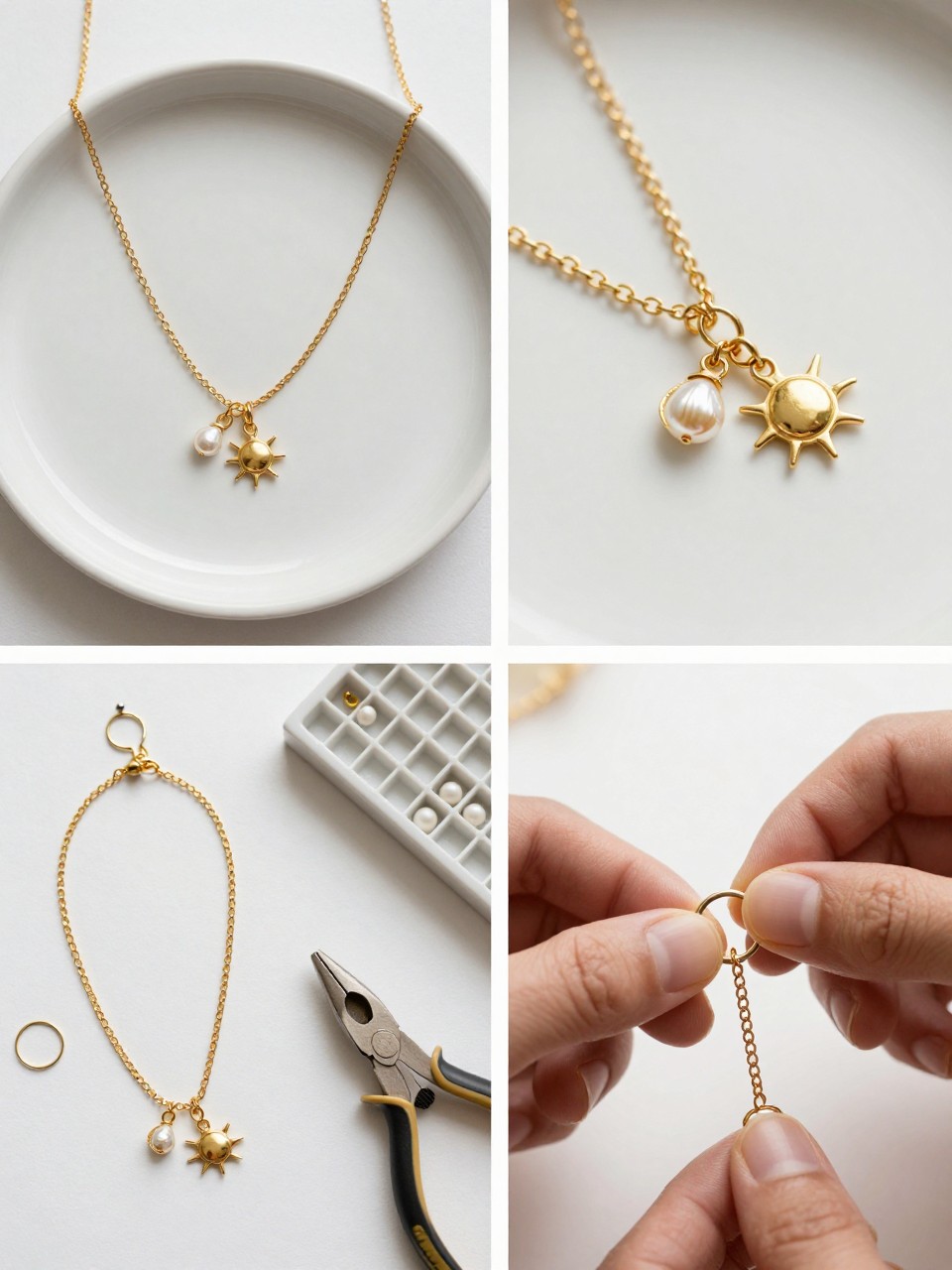 A realistic editorial 2x2 collage grid showing a handmade gold chain charm summer necklace, top-left finished necklace with a fine gold chain, small sun charm, pearl charm, and shell charm on a ceramic tray, top-right close-up of tiny charm details and jump rings, bottom-left flat lay of gold chain, summer charms, jump rings, clasp, jewelry pliers, and bead tray, bottom-right cropped hands opening a jump ring to add a charm to the chain, polished summer accessory craft setting, no faces, no text, no watermark on images.