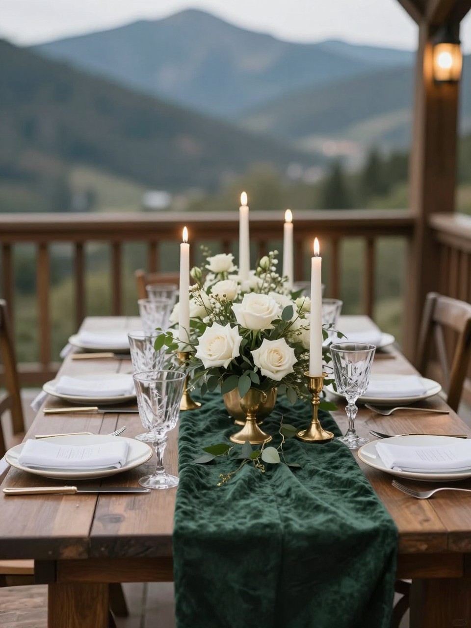 An elegant mountain wedding reception table featuring a deep forest green linen or velvet runner, ivory taper candles, white roses, soft greenery, gold candle holders, white plates, clear crystal glasses, and warm romantic lighting. Mountain resort or lodge reception setting, no visible faces, no full people, no text, no watermark, realistic wedding magazine photography, (no watermarks on images)