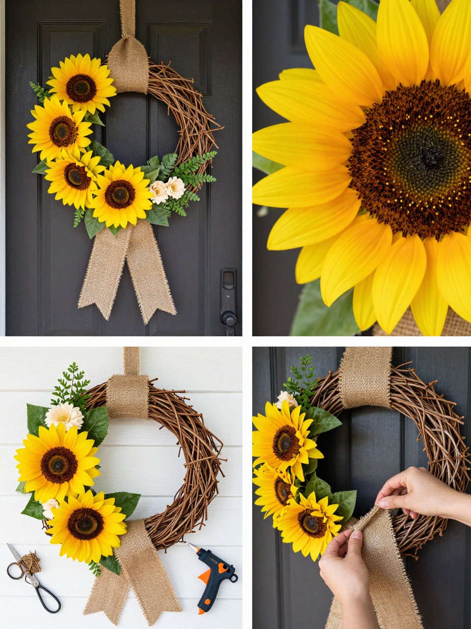 A realistic editorial 2x2 collage grid showing a sunflower and burlap summer wreath, top-left finished wreath on a dark front door with large sunflowers, burlap ribbon, greenery, and small cream flowers, top-right close-up of sunflower centers and burlap texture, bottom-left flat lay of grapevine wreath base, faux sunflowers, burlap ribbon, greenery, cream flowers, floral wire, scissors, and hot glue gun, bottom-right cropped hands wrapping burlap through the wreath base, rustic summer porch styling, no faces, no text, no watermark on images.