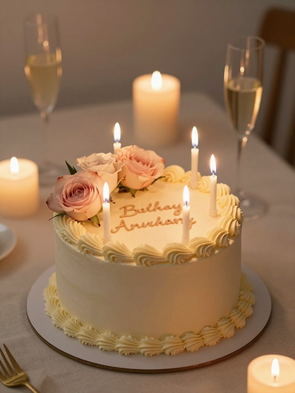 Image Prompt: A warm romantic anniversary cake for parents with smooth ivory buttercream, delicate piped borders, slim candles, soft blush flowers, and a sweet anniversary message on top. Style it on an intimate evening dessert table with glowing candles, champagne glasses, and elegant linen. Make it look emotional, beautiful, and realistic, no people, no faces, no watermark. (no watermarks on images)