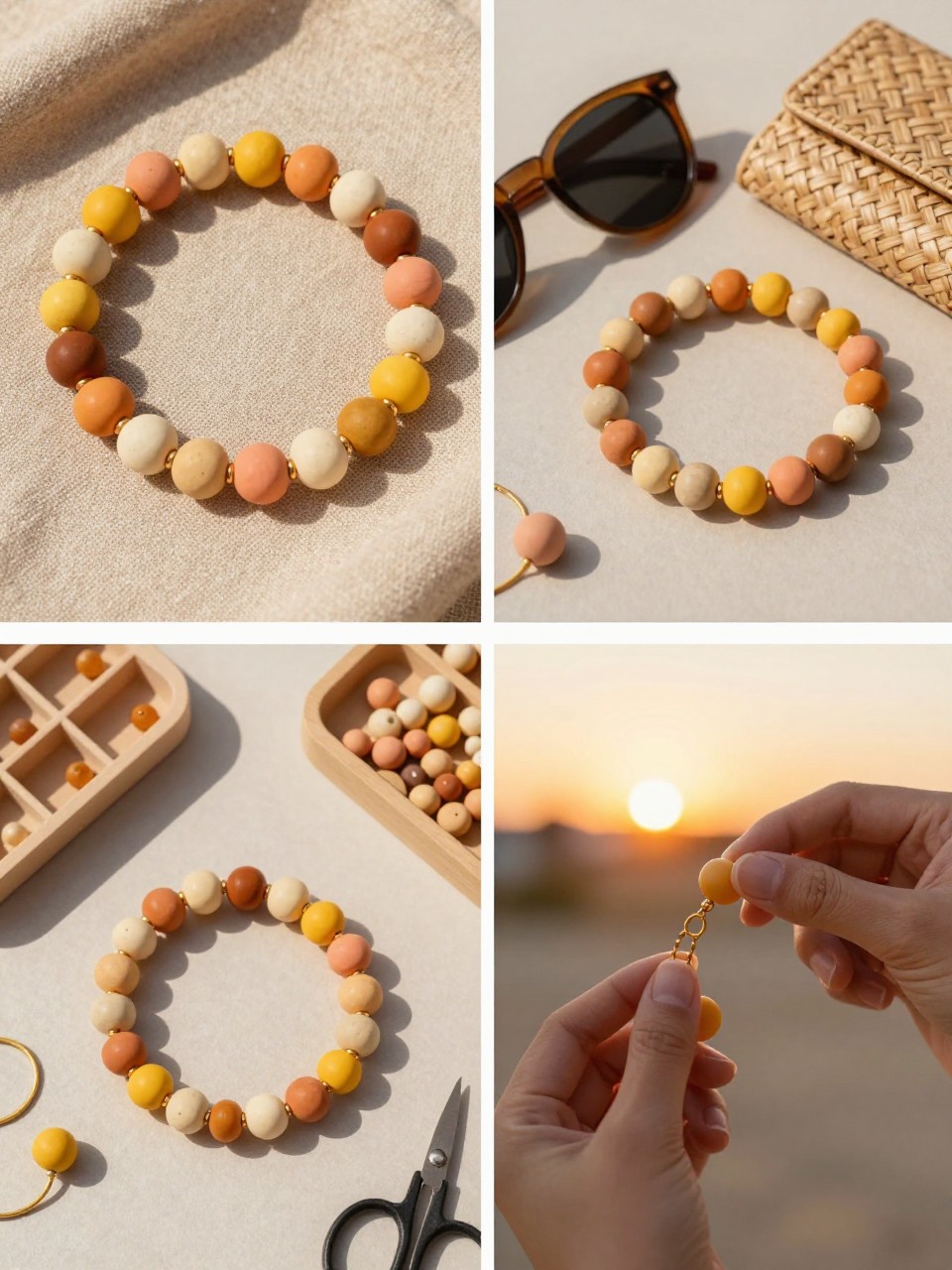 A realistic editorial 2x2 collage grid showing a golden hour clay bead bracelet, top-left finished bracelet with honey yellow, amber, peach, cream, and gold spacer beads on a linen cloth, top-right bracelet styled beside sunglasses, a woven clutch, and warm summer light, bottom-left flat lay of yellow, amber, peach, and cream clay beads, gold spacers, elastic cord, scissors, and bead tray, bottom-right cropped hands adding gold spacers between warm beads, warm sunset summer craft styling, no faces, no text, no watermark on images.
