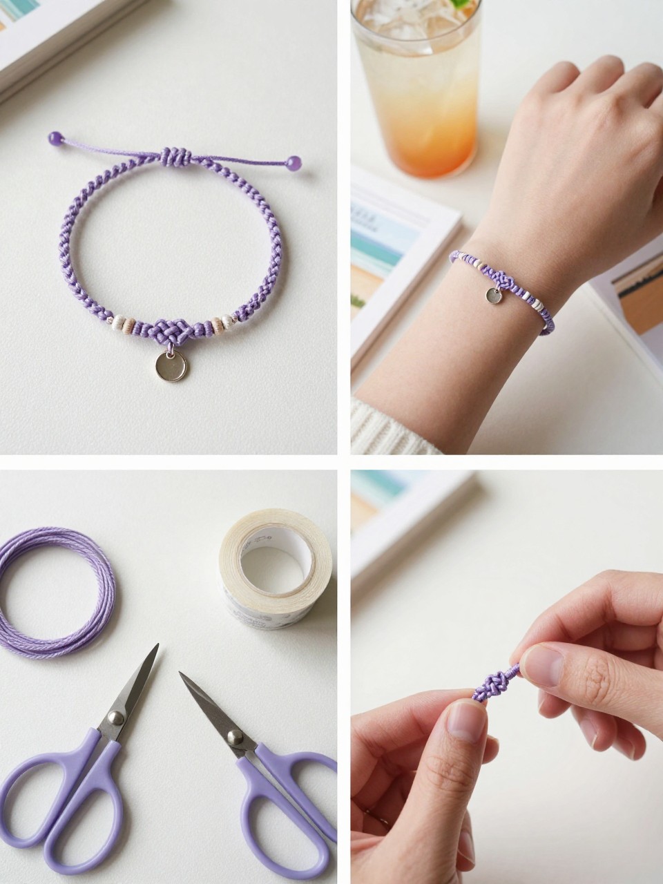 A realistic editorial 2x2 collage grid showing a simple macrame square knot friendship bracelet, top-left finished bracelet made with lavender cord and a small charm on a craft table, top-right bracelet worn on a cropped wrist beside a summer journal and iced drink, bottom-left flat lay of cord, scissors, tape, and charm, bottom-right close-up of beginner square knots being tied, soft summer DIY jewelry styling, realistic daylight, no faces, no text, no watermark on images.