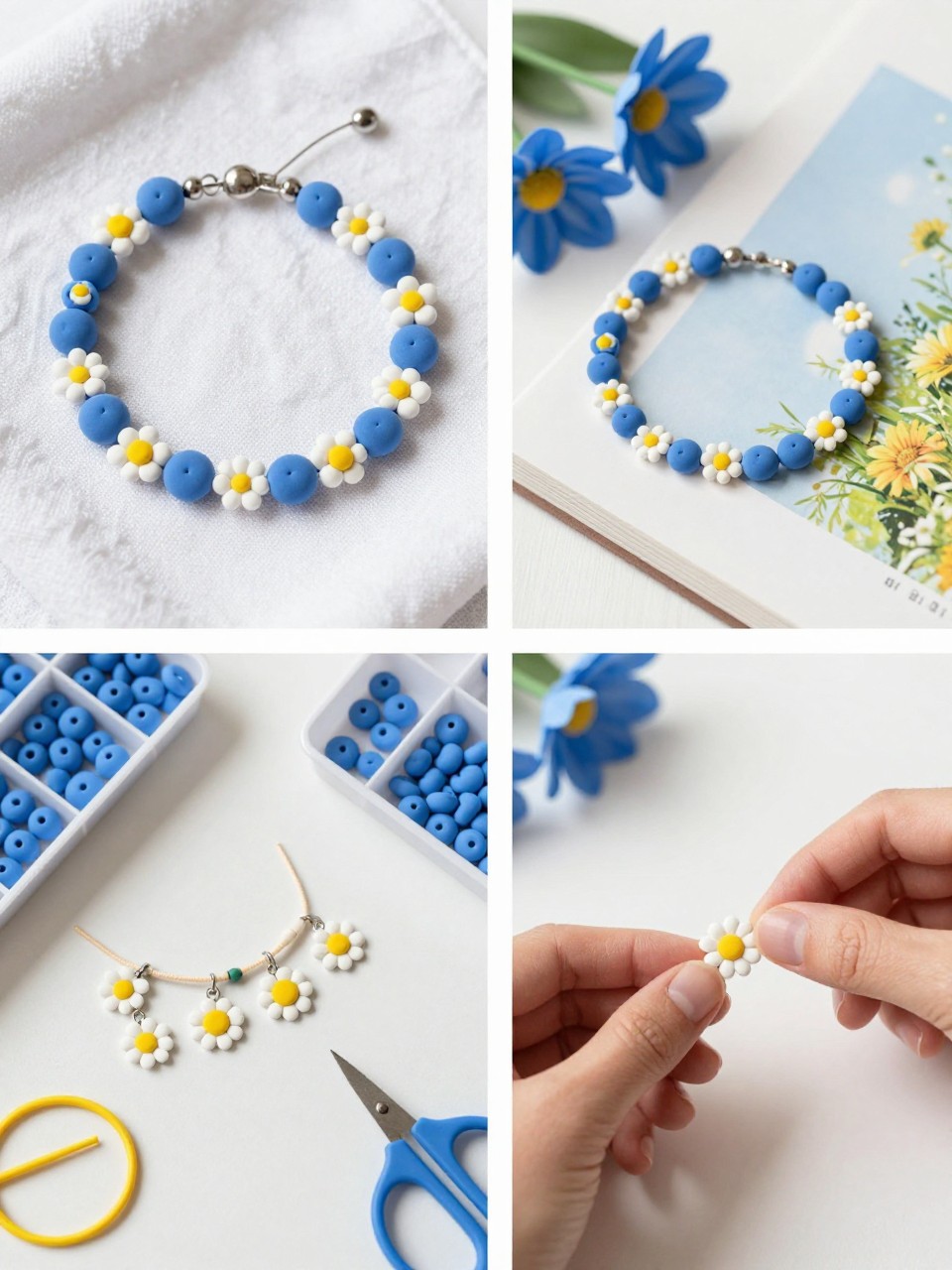 A realistic editorial 2x2 collage grid showing a blue daisy clay bead bracelet, top-left finished bracelet with sky blue, white, yellow, and tiny daisy beads on a white cloth, top-right bracelet styled beside blue flowers and a summer journal, bottom-left flat lay of blue clay beads, white beads, yellow beads, daisy charms, elastic cord, scissors, and bead tray, bottom-right cropped hands placing a daisy bead in the bracelet center, soft summer craft table styling, no faces, no text, no watermark on images.