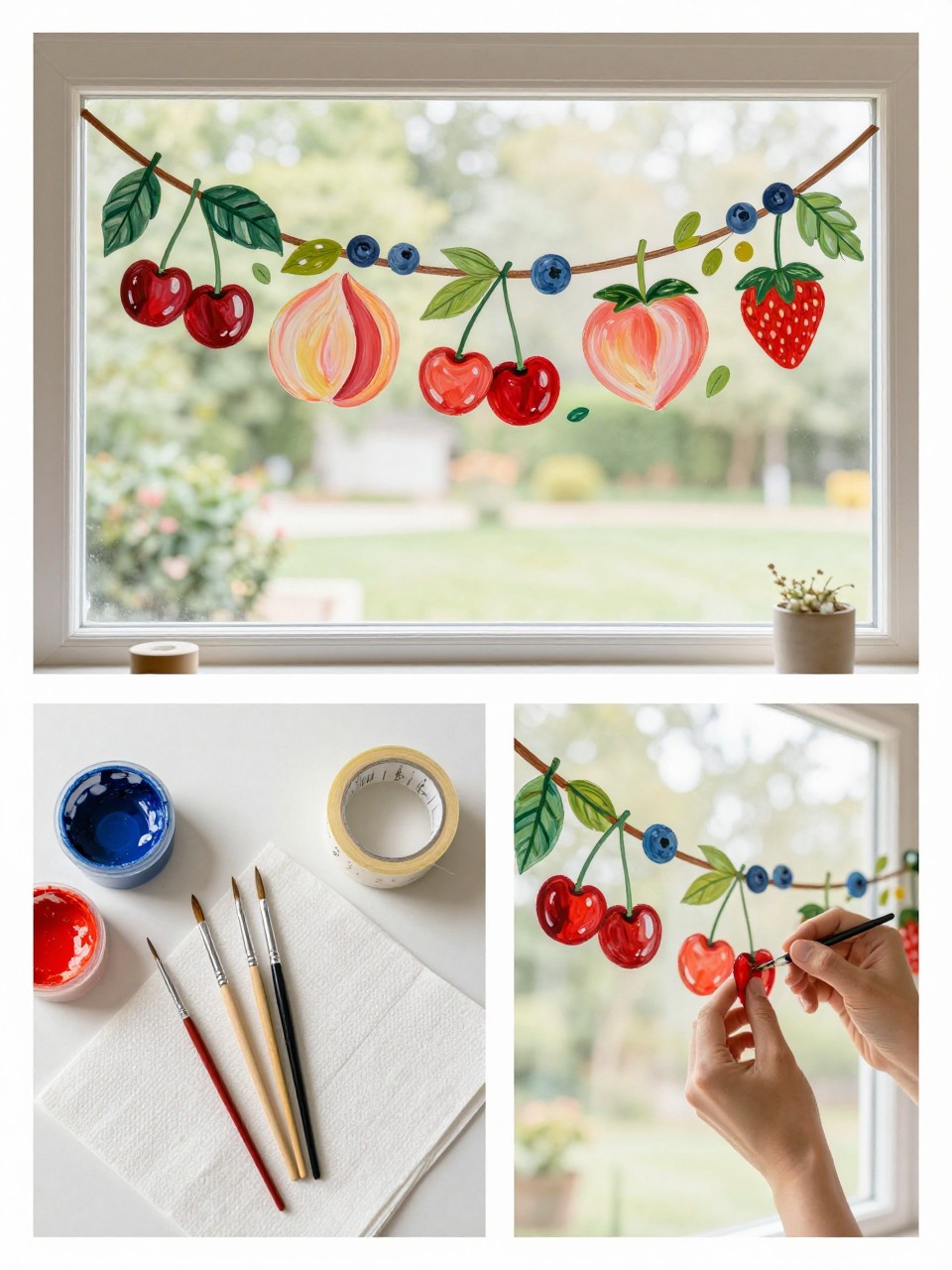 A realistic editorial 2x2 collage grid showing a painted fruit garland window design, top-left finished window with a hanging garland of painted cherries, peaches, strawberries, blueberries, and leaves across the upper glass, top-right close-up of fruit shapes and tiny green leaves, bottom-left flat lay of washable paint, fine brushes, painter’s tape, paper towels, and water cup, bottom-right cropped hands painting cherries on a curved garland line, bright summer dining room window setting, no faces, no text, no watermark on images.