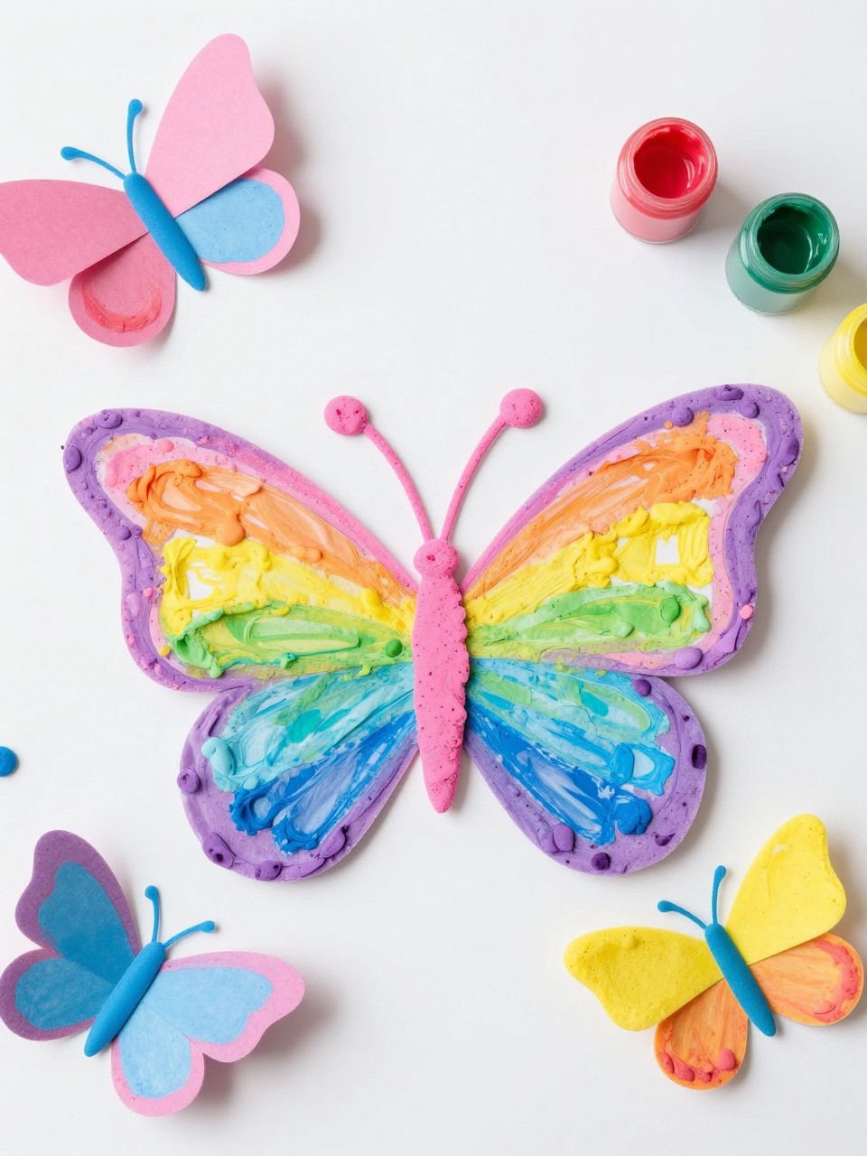 Detailed Image Prompt:
A bright editorial toddler craft photo showing rainbow sponge-painted butterflies, folded paper butterflies with soft blended sponge paint in pink, yellow, blue, and purple, simple body shapes in the center, sponge pieces and washable paint nearby, clean white craft table, cheerful summer nature theme, no people, no faces, no readable text, no watermark on images.